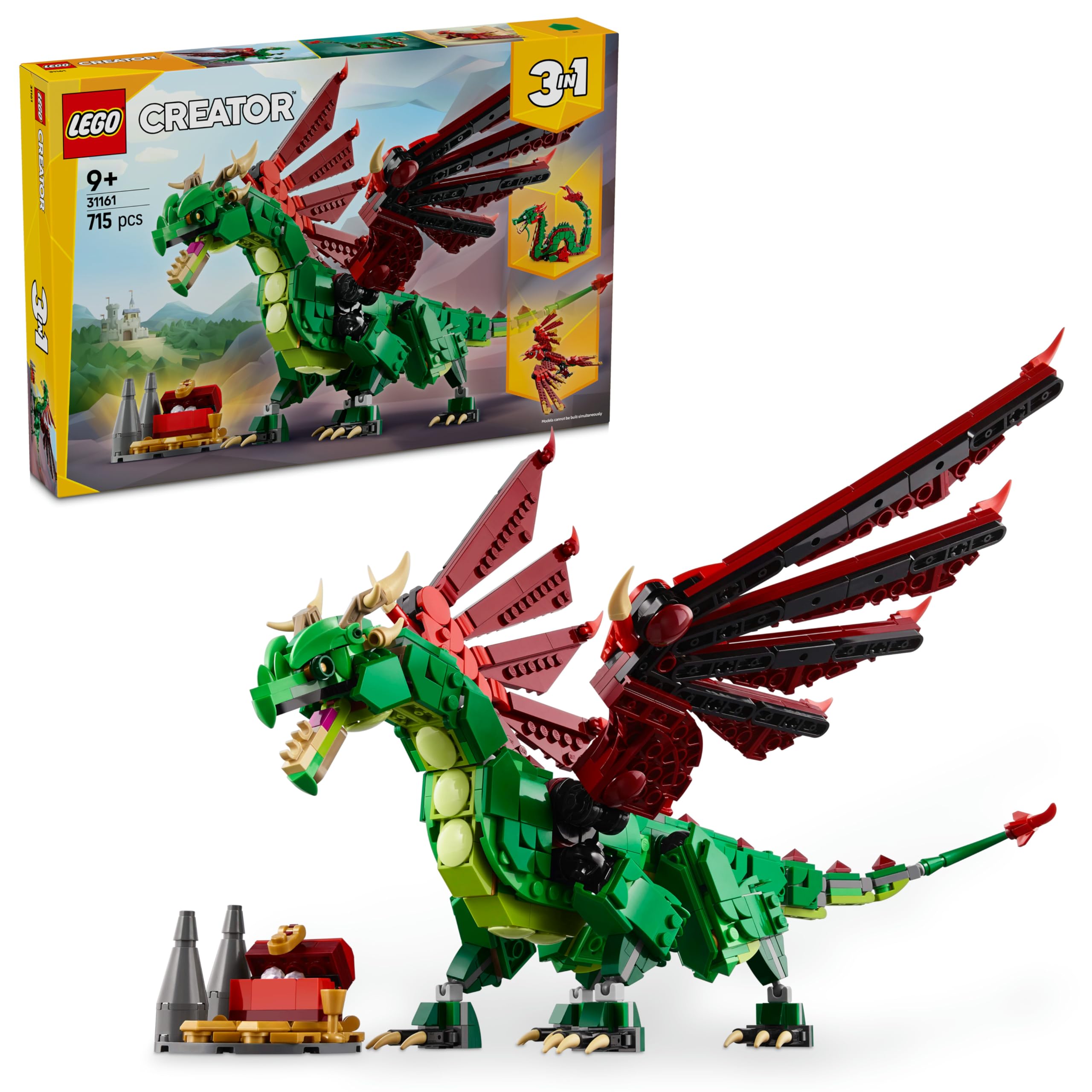 LEGO Creator 3’ü 1 Arada Orta Çağ Ejderhası 31161-9 Yaş ve Üzeri Çocuklar için Deniz Yılanı ve Zümrüdüankaya Dönüşen Oyuncak Yapım Seti, Doğum Günü Hediyesi (715 Parça)
