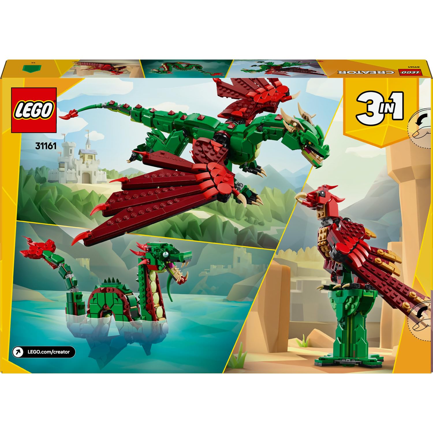 LEGO Creator 3’ü 1 Arada Orta Çağ Ejderhası 31161-9 Yaş ve Üzeri Çocuklar için Deniz Yılanı ve Zümrüdüankaya Dönüşen Oyuncak Yapım Seti, Doğum Günü Hediyesi (715 Parça)
