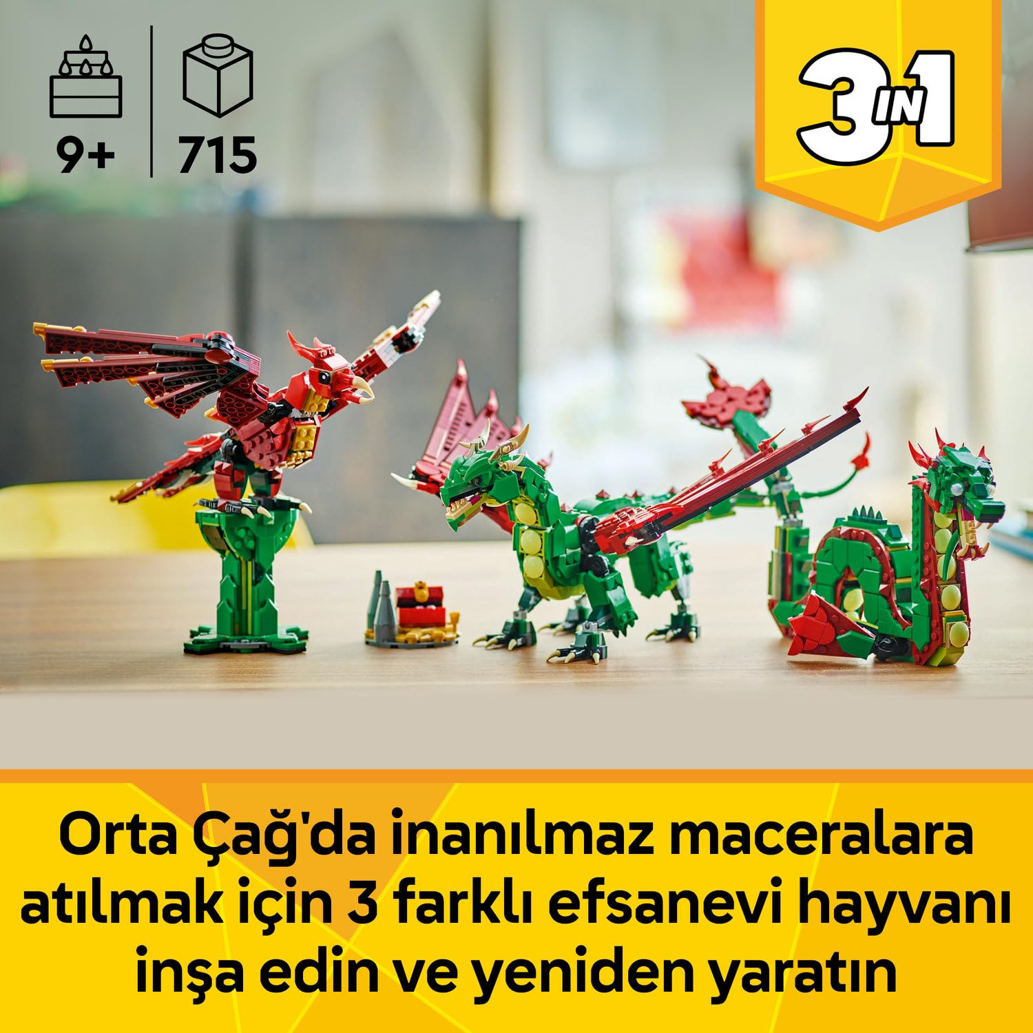 LEGO Creator 3’ü 1 Arada Orta Çağ Ejderhası 31161-9 Yaş ve Üzeri Çocuklar için Deniz Yılanı ve Zümrüdüankaya Dönüşen Oyuncak Yapım Seti, Doğum Günü Hediyesi (715 Parça)