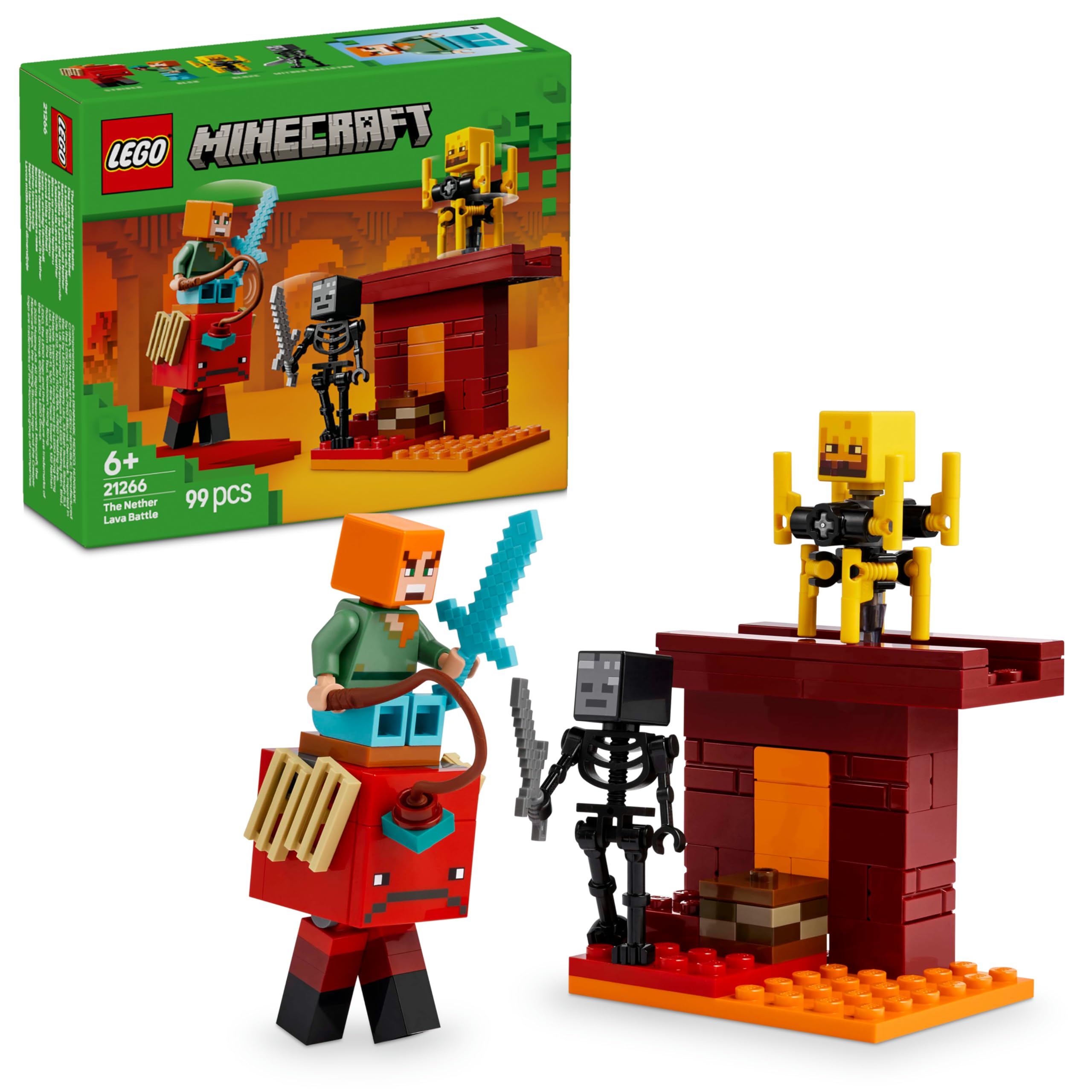 LEGO Minecraft Nether Lav Savaşı 21266 – Çocuklar için Alex Figürü, Yaratıklar, Wither Skeleton, Kılıç ve Döndürülen Blaze İçeren Yapım Seti, 6 Yaş ve Üzeri Kız ve Erkekler için Doğum Günü Hediyesi
