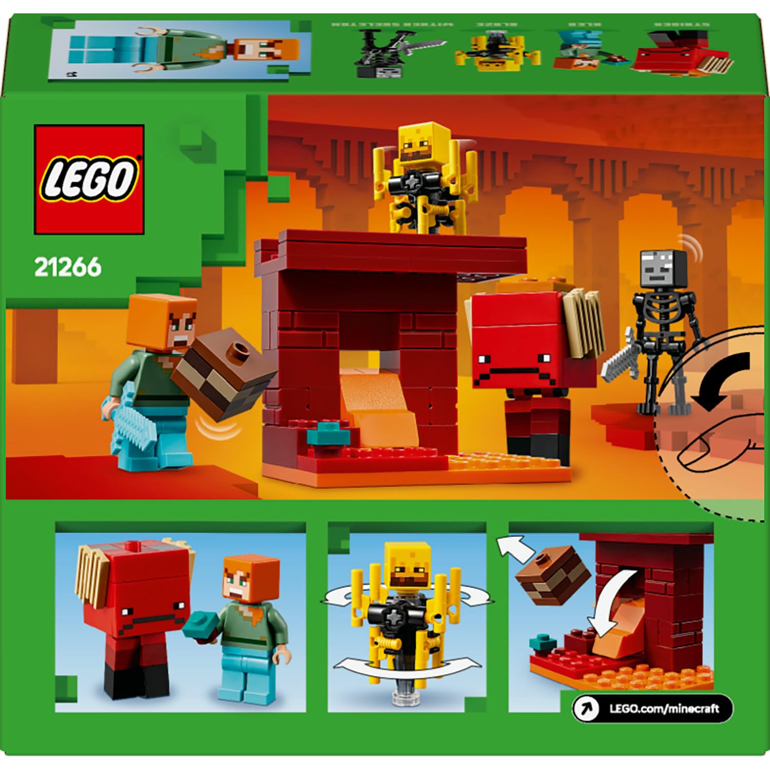 LEGO Minecraft Nether Lav Savaşı 21266 – Çocuklar için Alex Figürü, Yaratıklar, Wither Skeleton, Kılıç ve Döndürülen Blaze İçeren Yapım Seti, 6 Yaş ve Üzeri Kız ve Erkekler için Doğum Günü Hediyesi