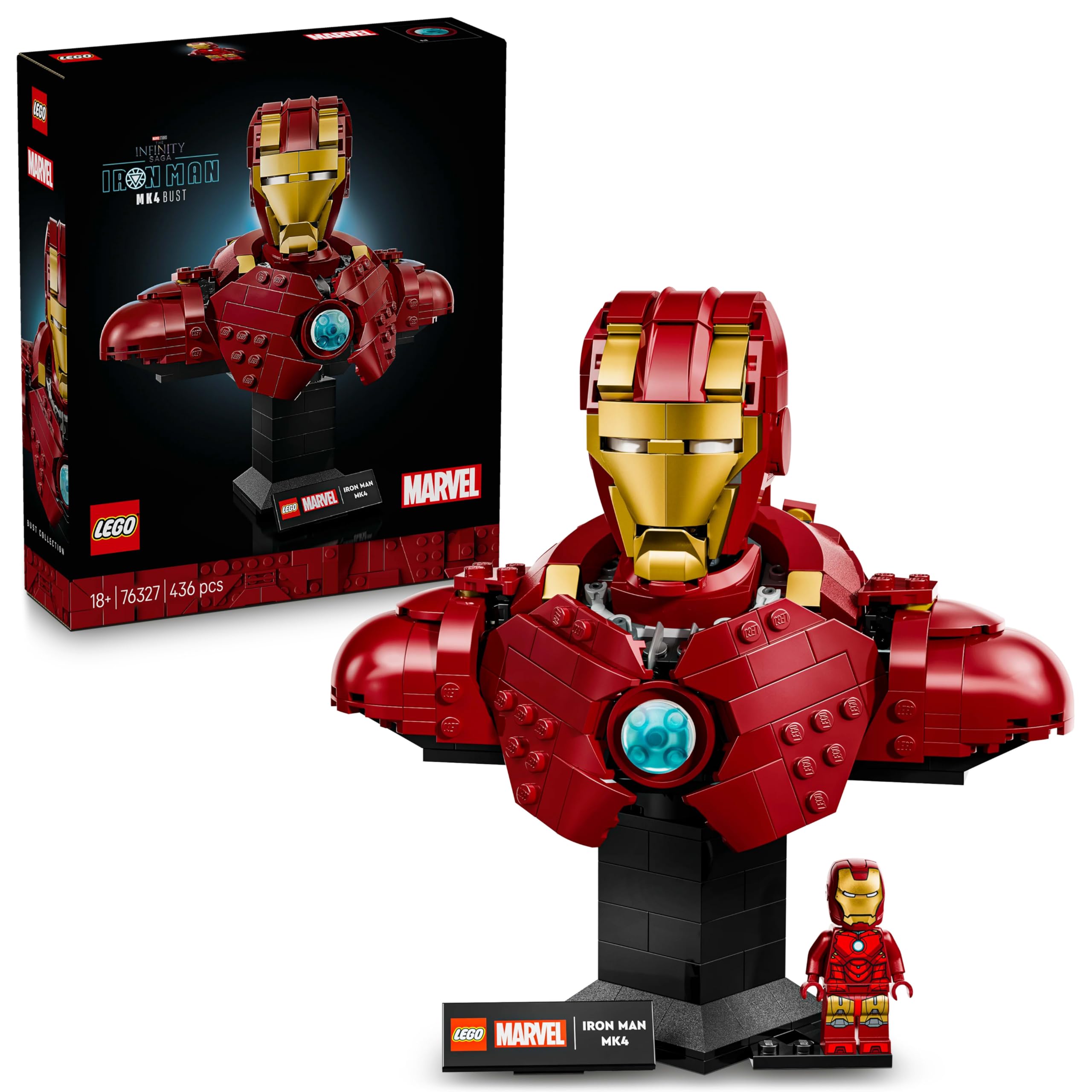 LEGO | Marvel Iron Man MK4 Büstü 76327, Yetişkin Kadınlar ve Erkekler için Baskılı Bir İsim Levhası ve Çıkarılabilir Iron Man Minifigürü İçeren Koleksiyonluk Model Yapım Seti, Hediye Fikri (436 Parça)