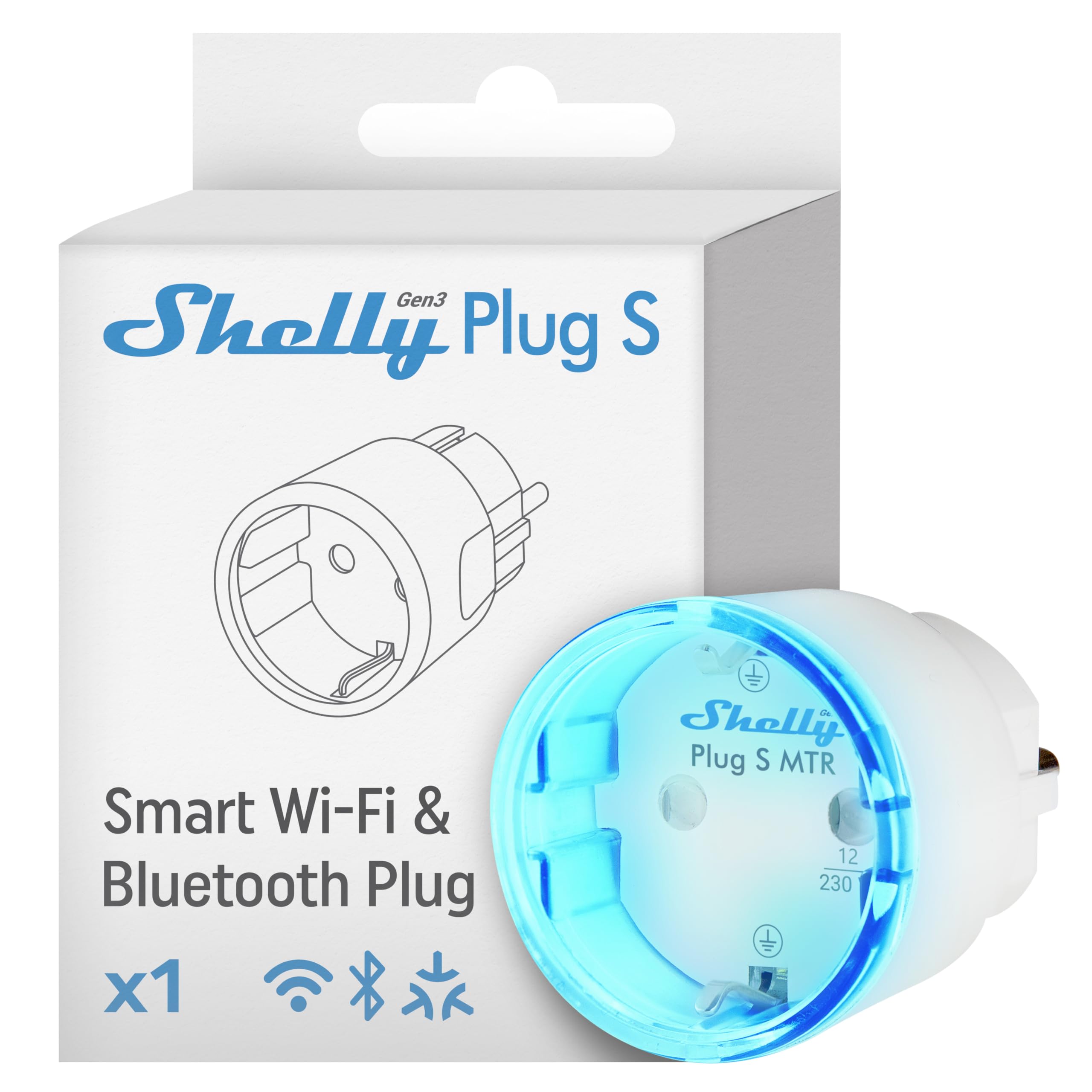 Shelly Plug S MTR Gen3 beyaz, Matter sertifikalı akıllı priz, güç izleme ve çok renkli LED göstergeli, iOS Android App uzaktan kumanda, Google Home ve Alexa aksesuarı, zamanlayıcı