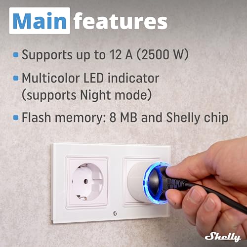 Shelly Plug S MTR Gen3 beyaz, Matter sertifikalı akıllı priz, güç izleme ve çok renkli LED göstergeli, iOS Android App uzaktan kumanda, Google Home ve Alexa aksesuarı, zamanlayıcı