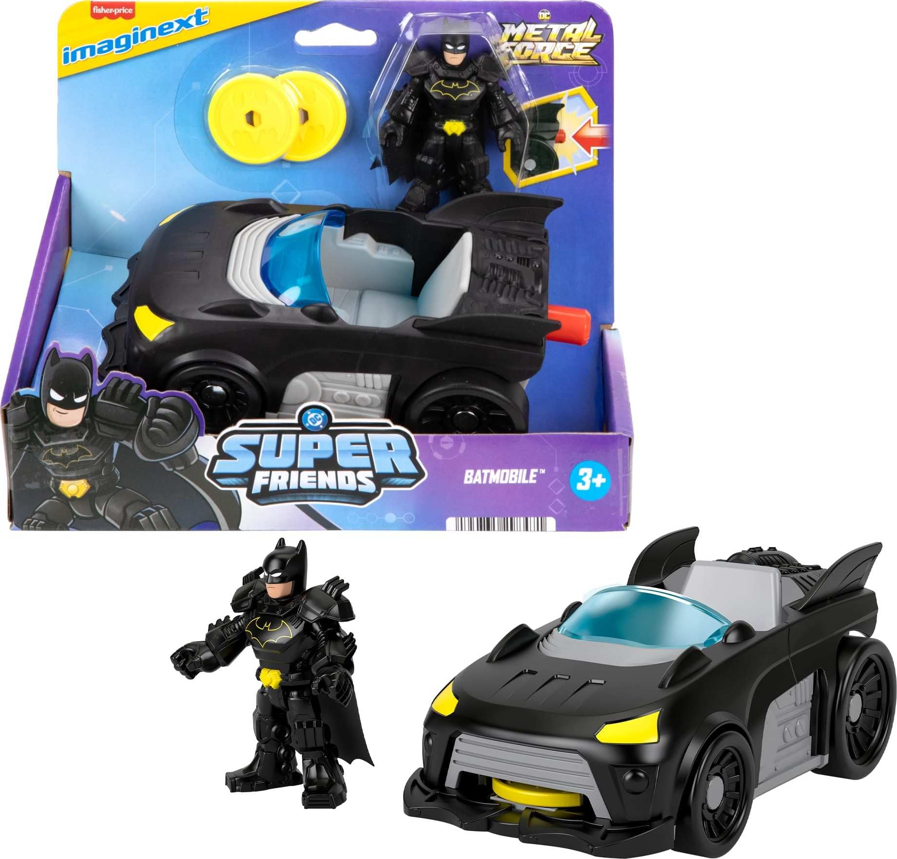 Fisher-Price Imaginext DC Super Friends Metal Force Batmobile Oyuncak Araba, 3 inç Batman Aksiyon Figürü ve Aksesuar Seti, Başlatıcı ve 2 Disk Dahil
