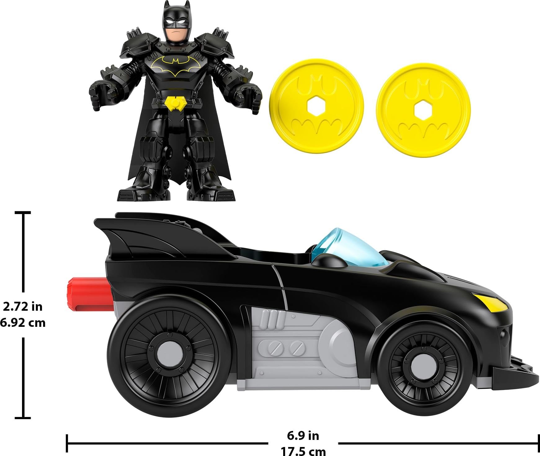Fisher-Price Imaginext DC Super Friends Metal Force Batmobile Oyuncak Araba, 3 inç Batman Aksiyon Figürü ve Aksesuar Seti, Başlatıcı ve 2 Disk Dahil