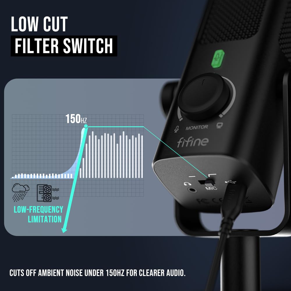 FIFINE Stüdyo Kayıt/Bilgisayar Akışı için USB-Podcast-Kondenser-Mikrofon, YouTube Müzik Vokal Oluşturma için Masaüstü-Metal-Mic, Monitör-Mix Ses Kontrolü, Düşük Kesim Anahtarı (PROFILE3)
