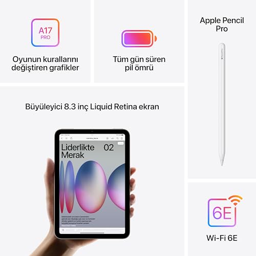 Apple iPad mini, A17 Pro çip ile: 8.3 inç Liquid Retina Ekran, 128 GB, Wi-Fi 6E, 12 MP Ön Kamera/12 MP Arka Kamera, Touch ID, Tüm Gün Süren Pil Ömrü — Yıldız Işığı