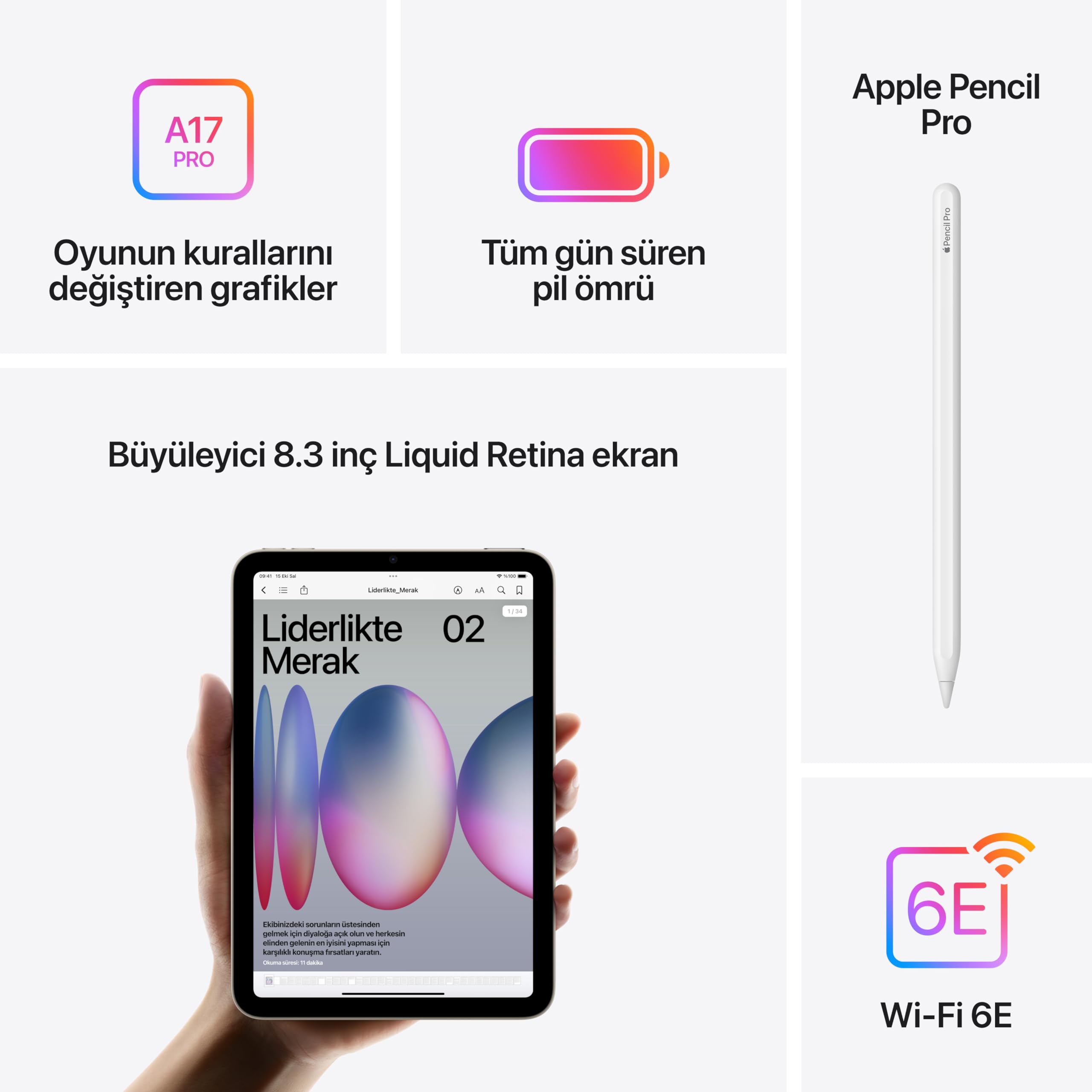 Apple iPad mini, A17 Pro çip ile: 8.3 inç Liquid Retina Ekran, 128 GB, Wi-Fi 6E, 12 MP Ön Kamera/12 MP Arka Kamera, Touch ID, Tüm Gün Süren Pil Ömrü — Yıldız Işığı