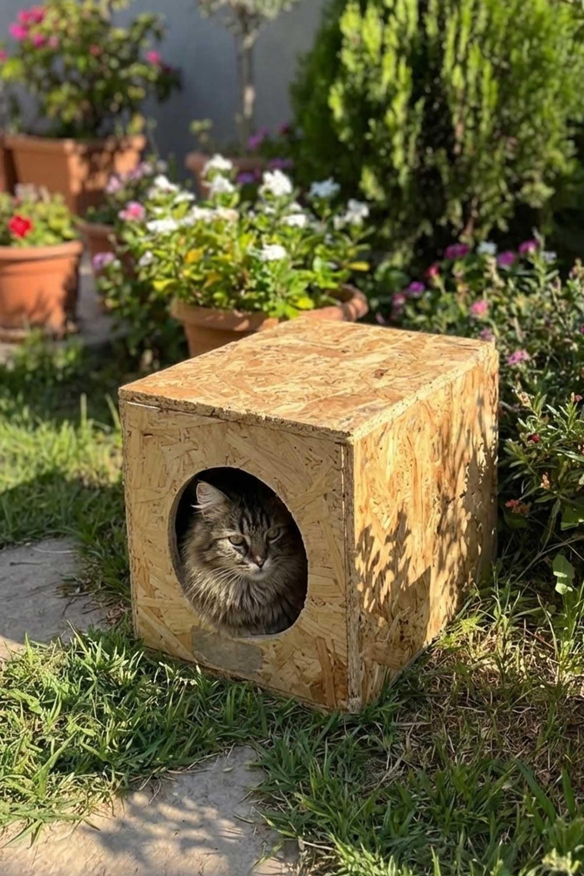 Reyo Kedi Evi Dış Ortam Uygun Ahşap Kedi Evi OSB 34x27x24 cm - CAT01