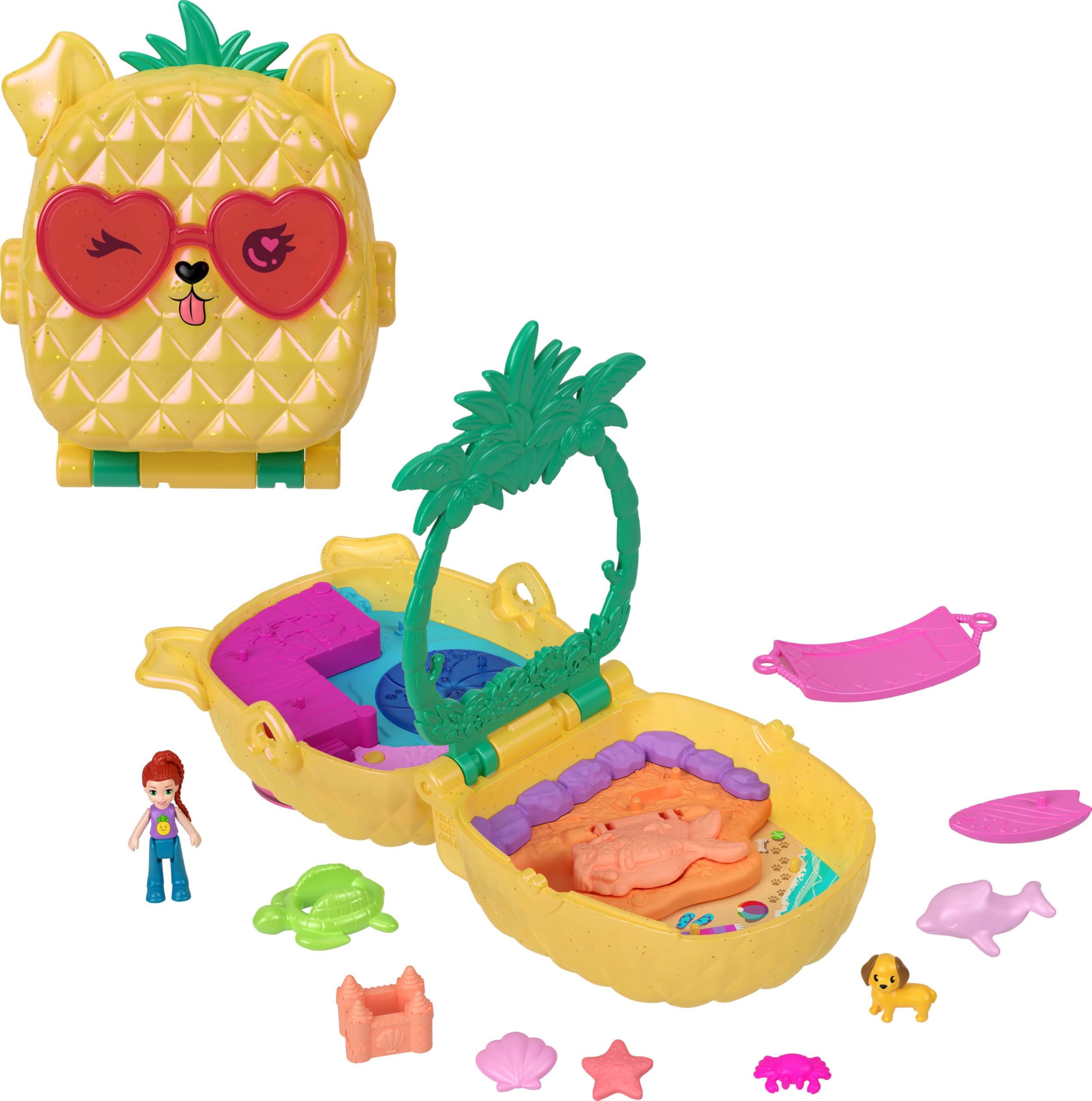 Polly Pocket mini bebek ve aksesuarları ile Ananas Köpekçik Plajı mini oyun seti, mikro bebek ve evcil hayvanlar dahil 8 aksesuar, JFV00