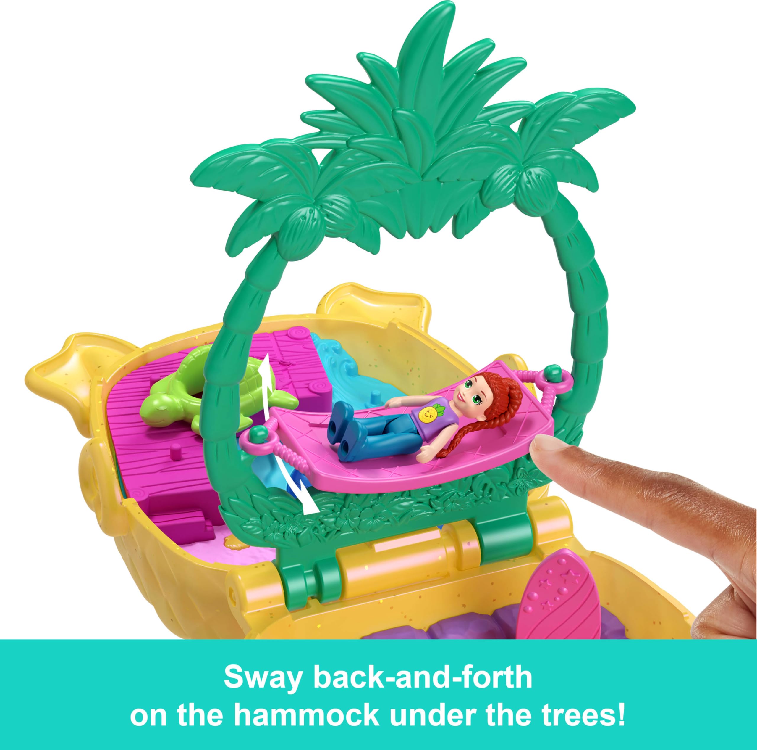 Polly Pocket mini bebek ve aksesuarları ile Ananas Köpekçik Plajı mini oyun seti, mikro bebek ve evcil hayvanlar dahil 8 aksesuar, JFV00