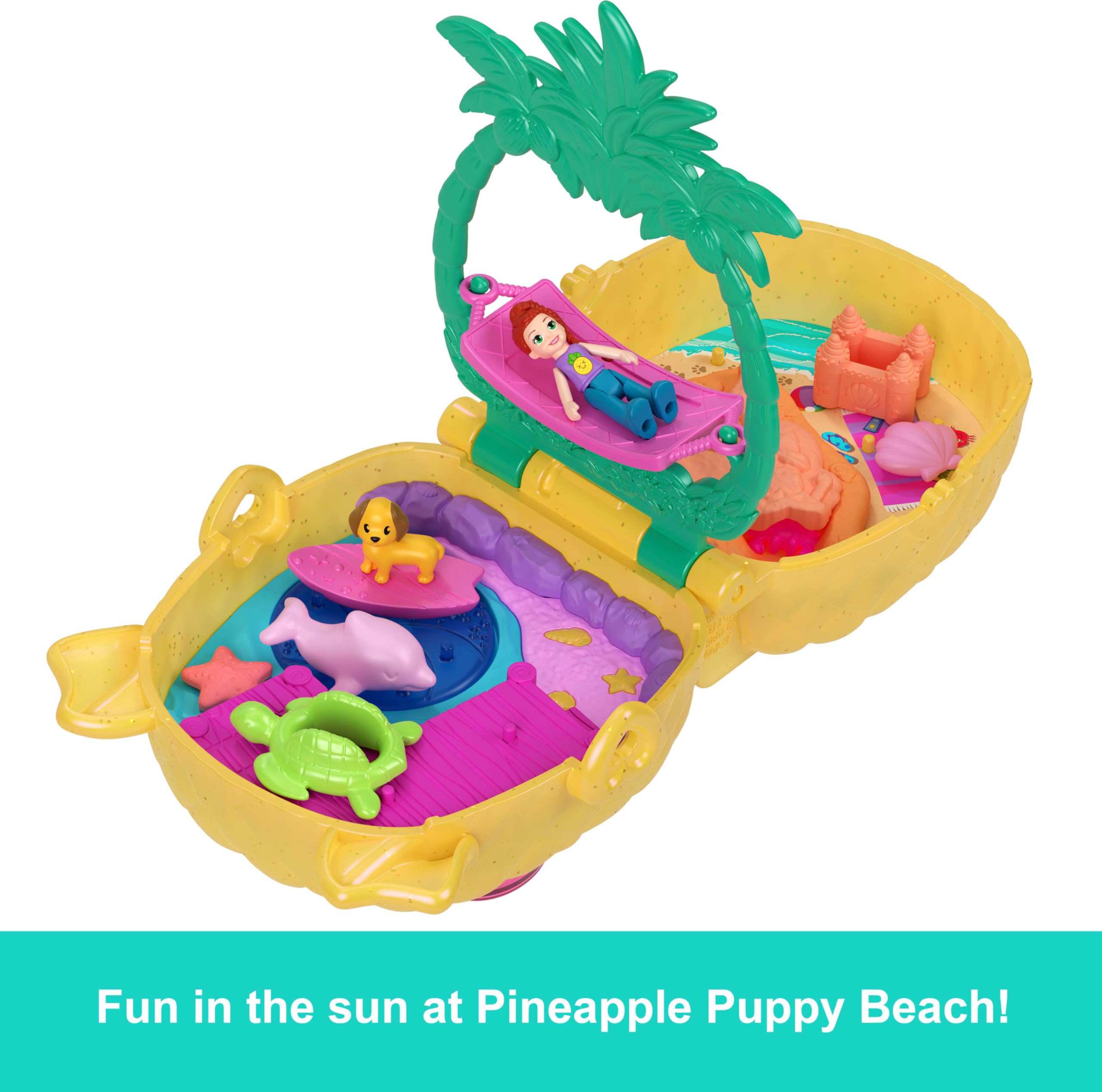 Polly Pocket mini bebek ve aksesuarları ile Ananas Köpekçik Plajı mini oyun seti, mikro bebek ve evcil hayvanlar dahil 8 aksesuar, JFV00