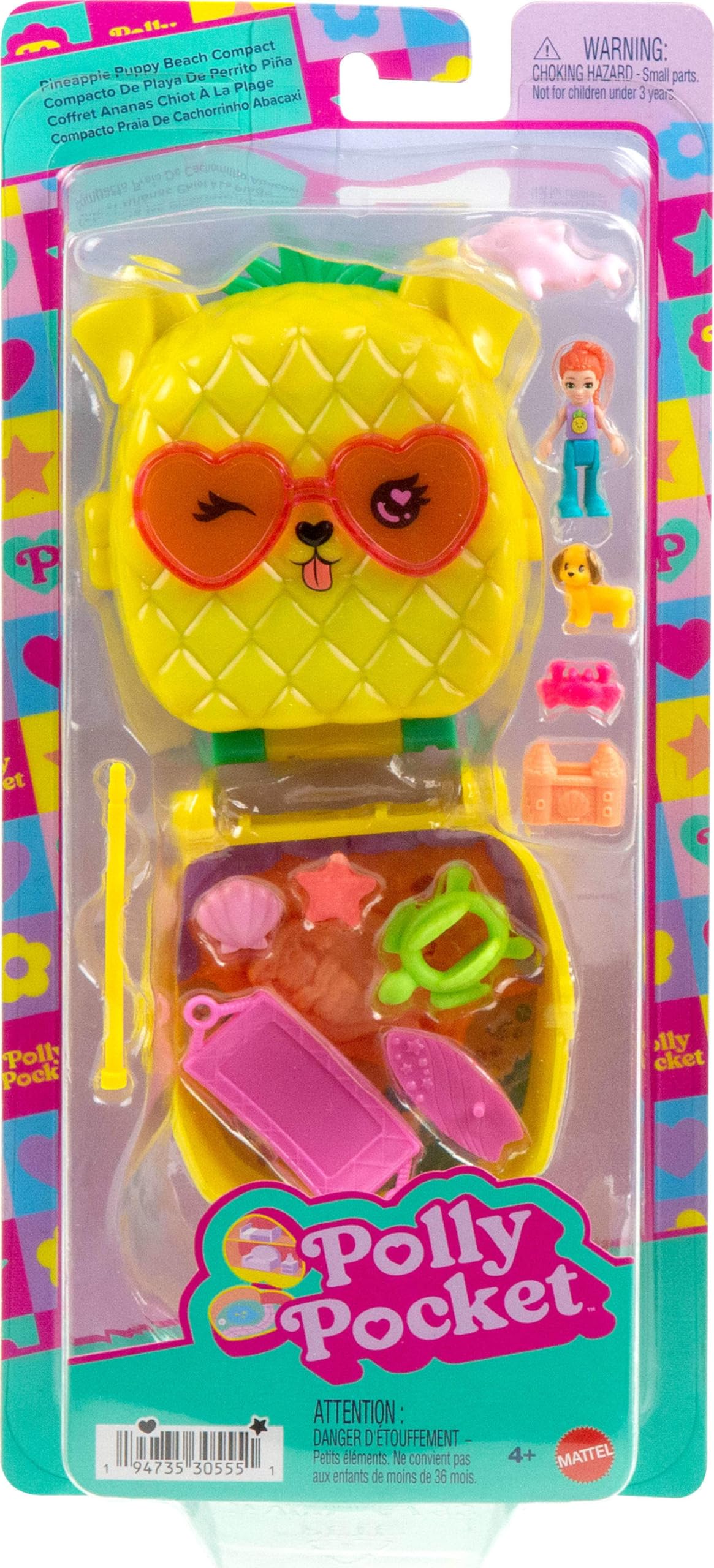 Polly Pocket mini bebek ve aksesuarları ile Ananas Köpekçik Plajı mini oyun seti, mikro bebek ve evcil hayvanlar dahil 8 aksesuar, JFV00