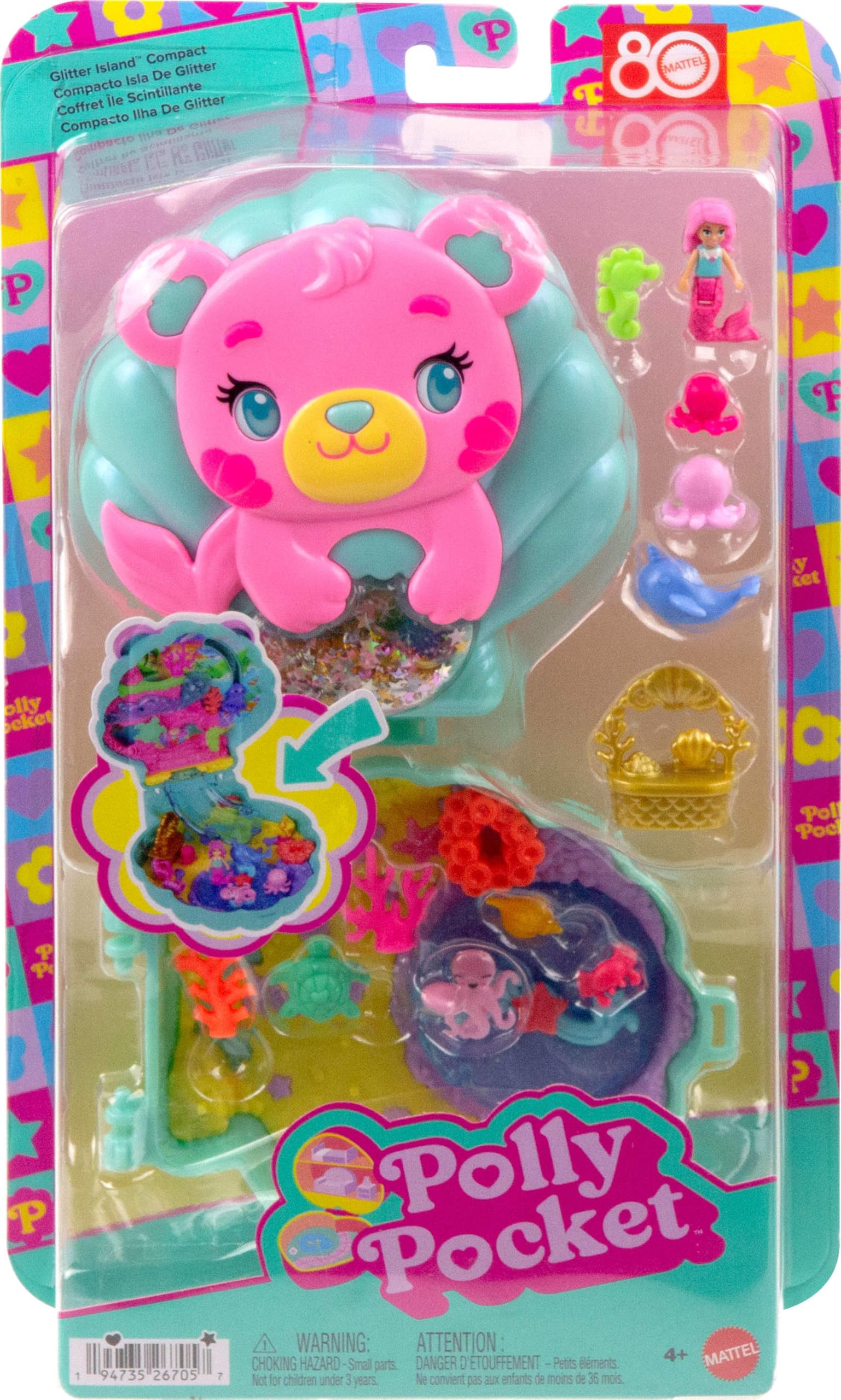 Polly Pocket bebekler ve oyun seti, Işıltılı Ada taşınabilir mini oyun seti, 1 mikro deniz kızı bebek, okyanus canlıları ve temaya uygun aksesuarlar, JCB16