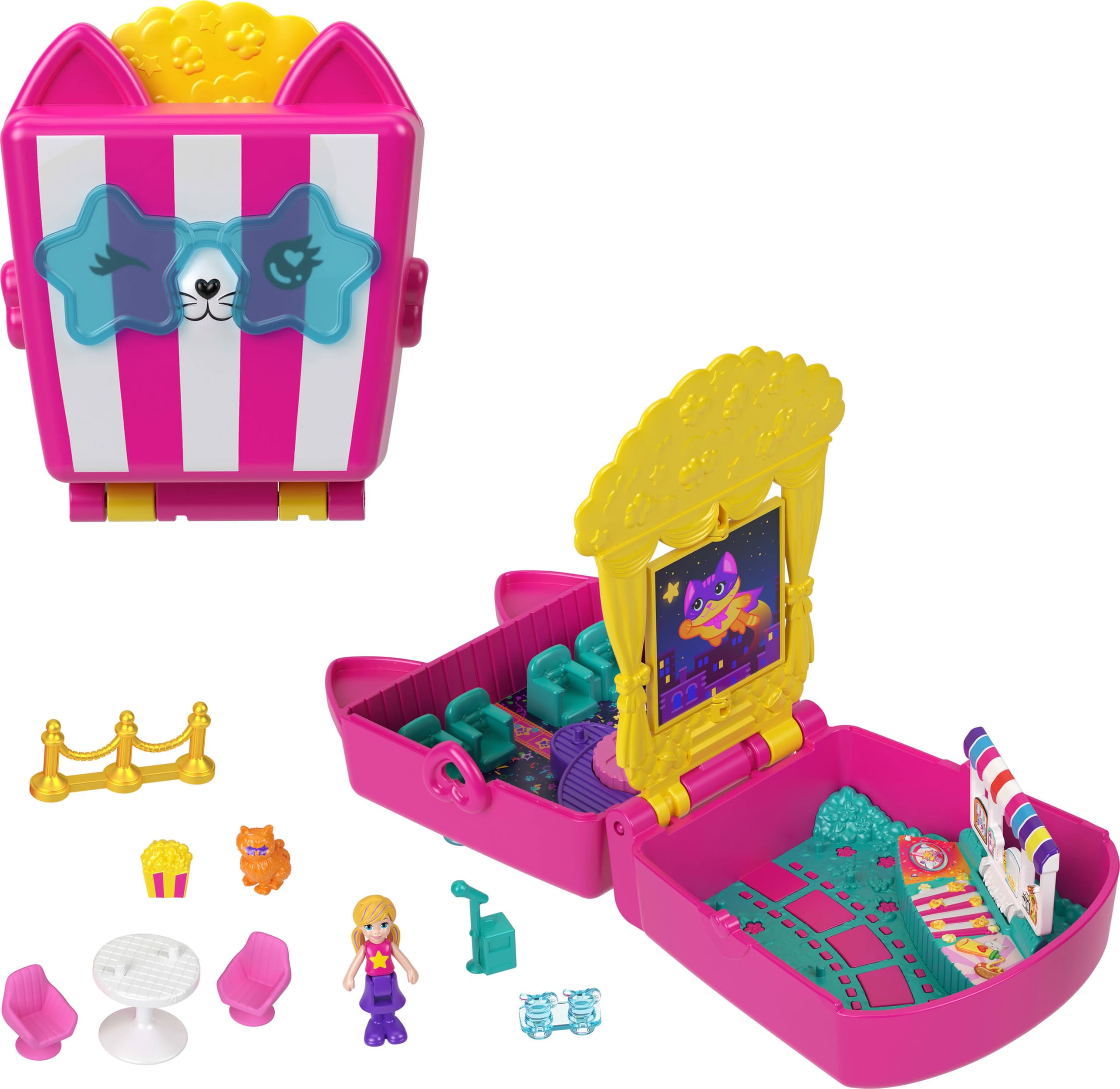 Polly Pocket mini bebek ve aksesuarları ile patlamış mısır temalı Kedicik Sineması mini oyun seti, mikro bebek ve kedicik figürü dahil 8 aksesuar, JFV01