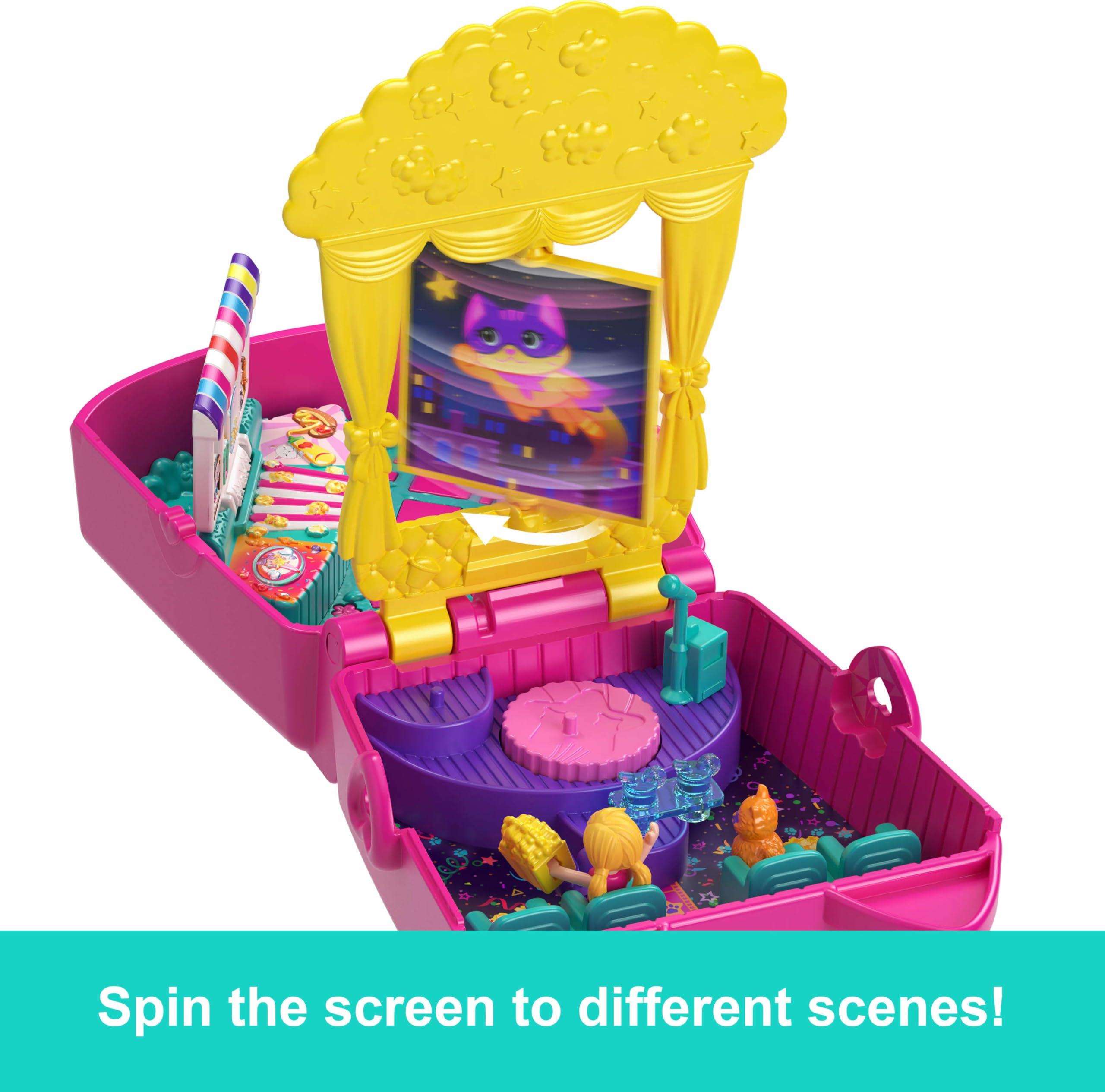 Polly Pocket mini bebek ve aksesuarları ile patlamış mısır temalı Kedicik Sineması mini oyun seti, mikro bebek ve kedicik figürü dahil 8 aksesuar, JFV01