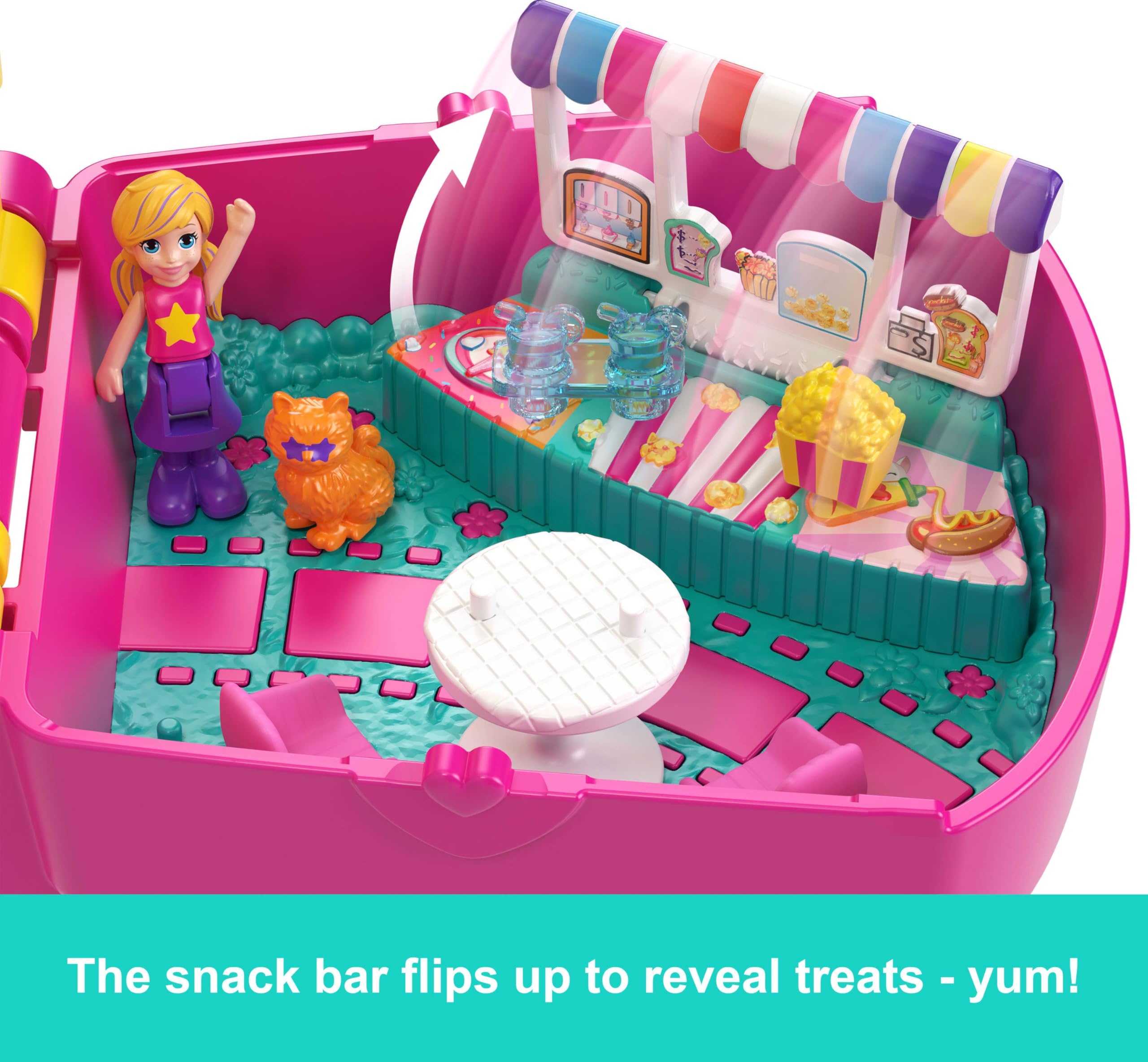Polly Pocket mini bebek ve aksesuarları ile patlamış mısır temalı Kedicik Sineması mini oyun seti, mikro bebek ve kedicik figürü dahil 8 aksesuar, JFV01