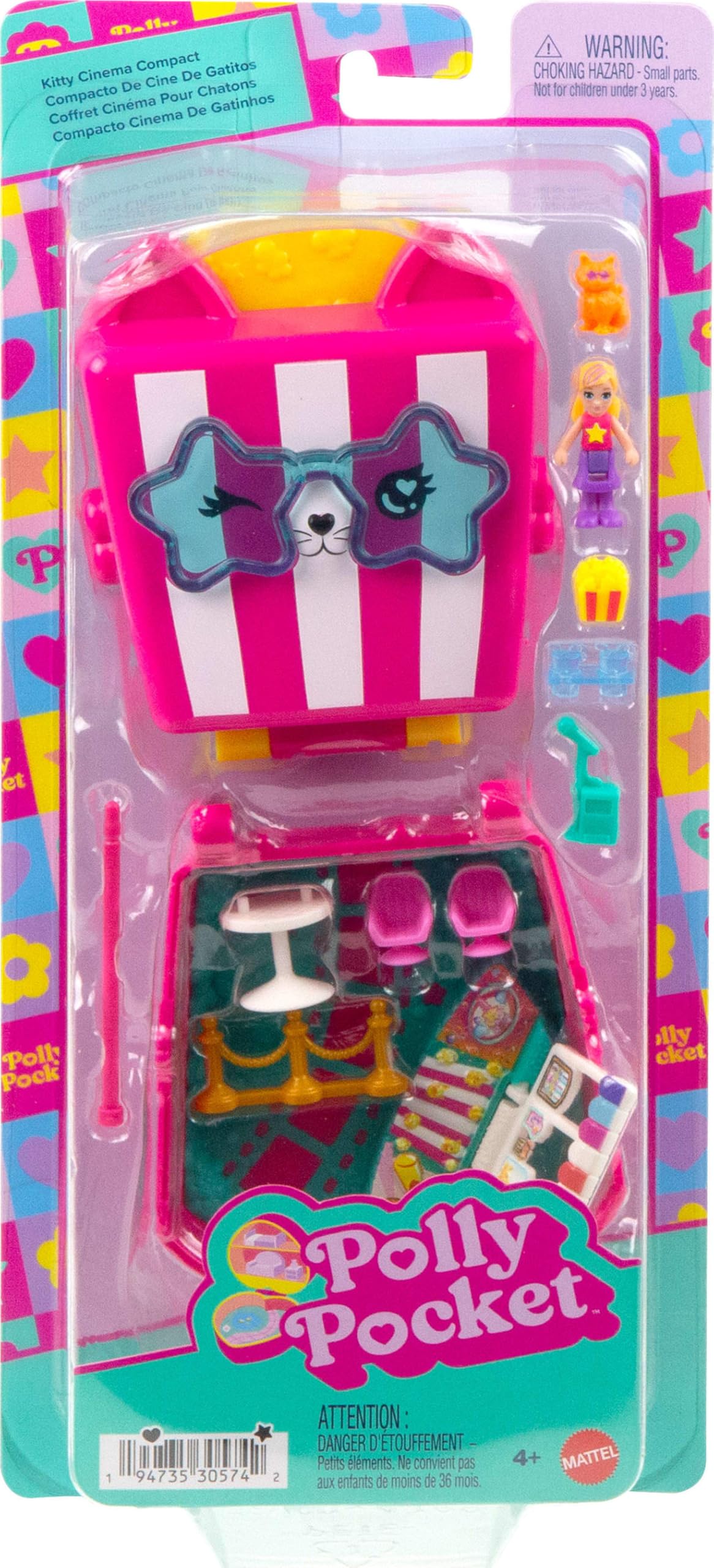 Polly Pocket mini bebek ve aksesuarları ile patlamış mısır temalı Kedicik Sineması mini oyun seti, mikro bebek ve kedicik figürü dahil 8 aksesuar, JFV01