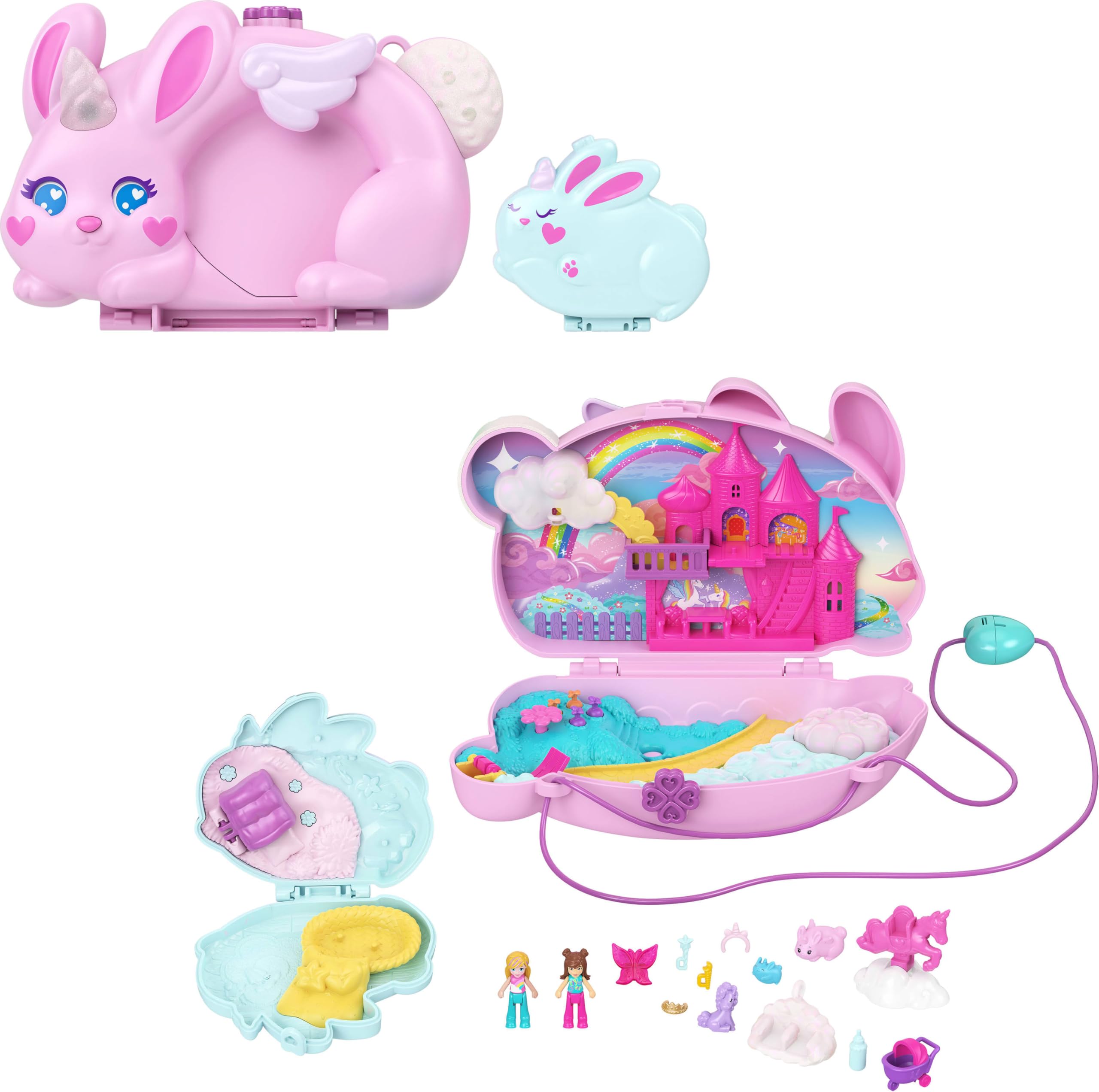 Polly Pocket 2'si 1 Arada Tavşancıklar mini oyun seti, 2 mikro bebek ve evcil hayvanlar dahil 12 aks
