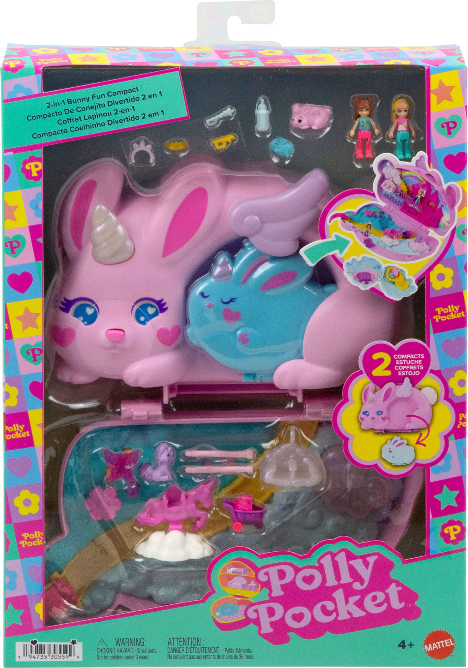 Polly Pocket 2'si 1 Arada Tavşancıklar mini oyun seti, 2 mikro bebek ve evcil hayvanlar dahil 12 aks