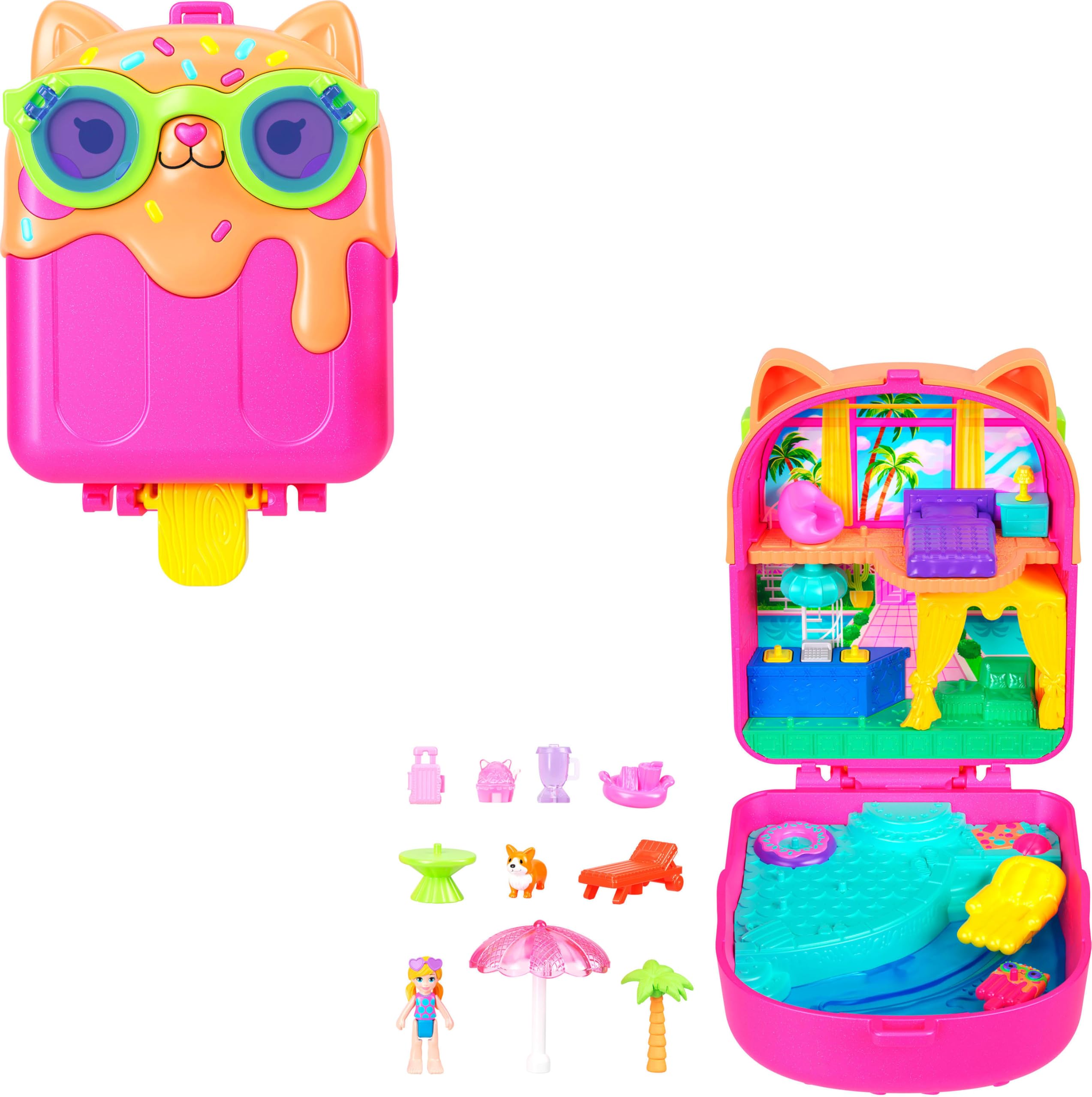 Polly Pocket bebekler ve oyun seti, Kediciğin Tatili taşınabilir mini oyun seti, 1 mikro bebek, yavru köpek figürü ve temaya uygun aksesuarlar, JCB17