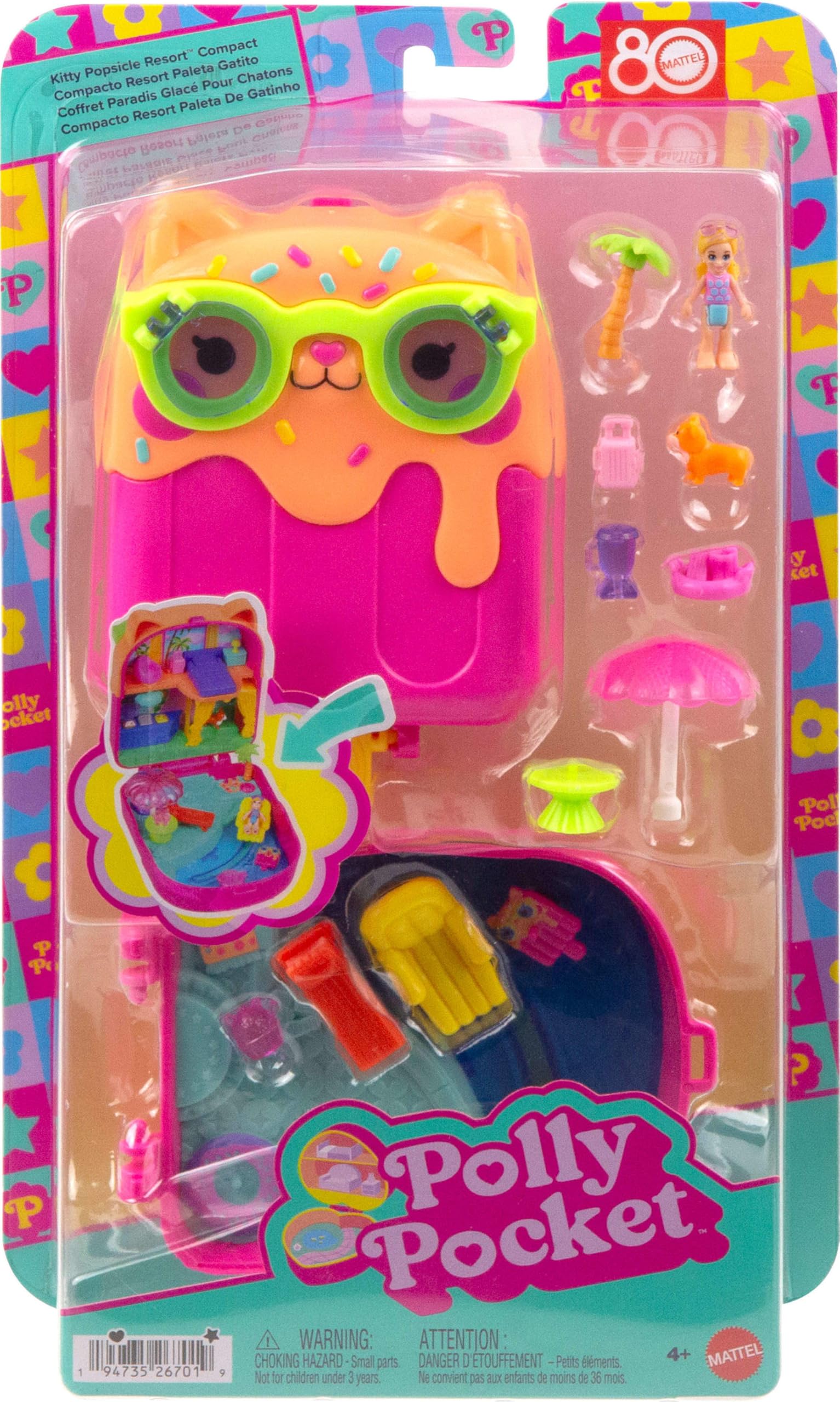 Polly Pocket bebekler ve oyun seti, Kediciğin Tatili taşınabilir mini oyun seti, 1 mikro bebek, yavru köpek figürü ve temaya uygun aksesuarlar, JCB17