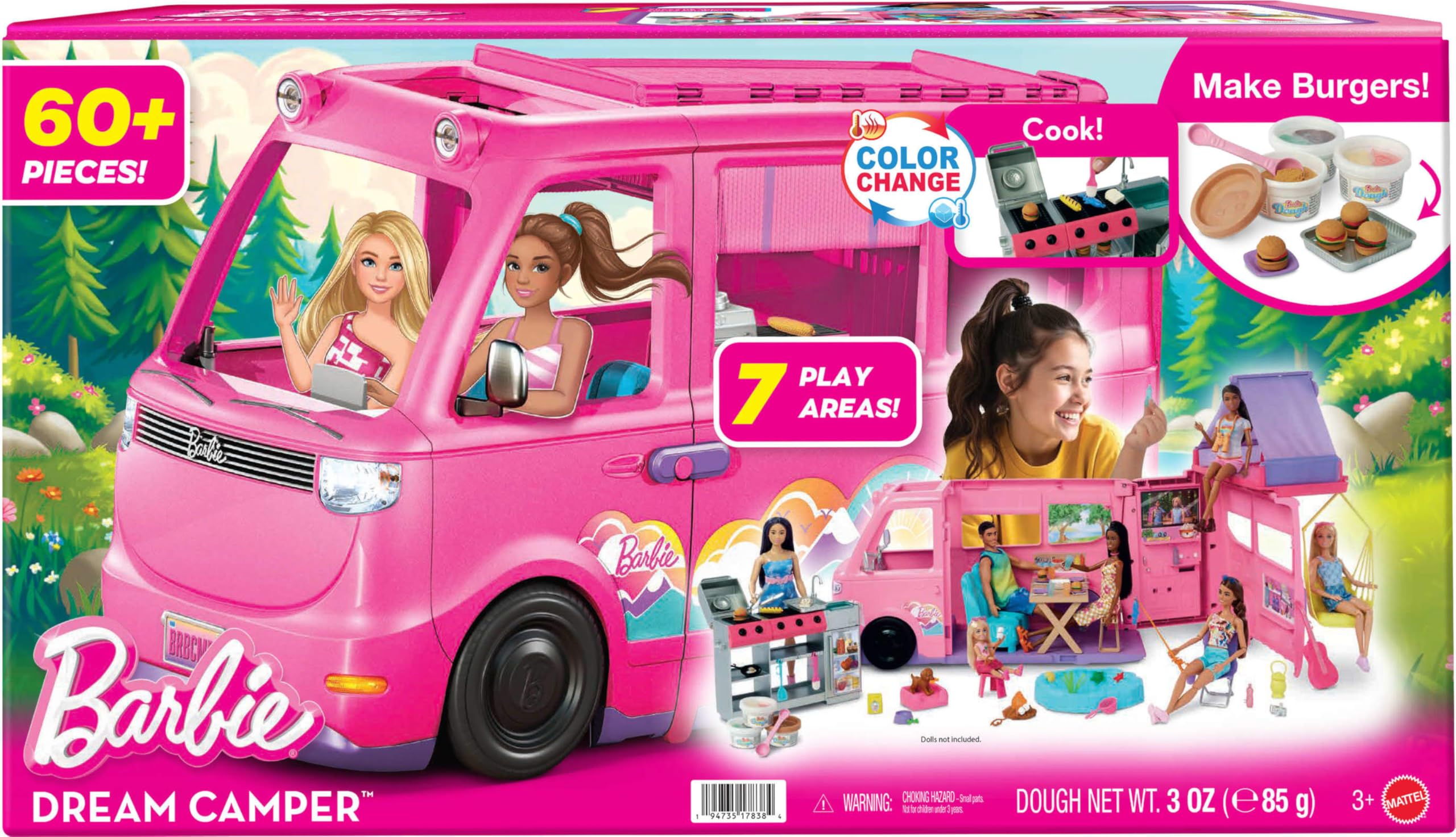 Barbie'nin Rüya Karavanı oyun seti, Tavan çadırı, salıncağı, balık tutulan göleti, renk değişimi özellikli barbeküsü ve hamur dahil 60'tan fazla aksesuarıyla, HRJ78