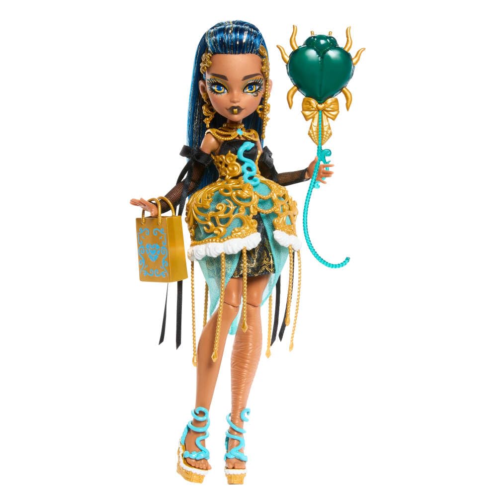 Monster High Altın rengi parti elbisesi giyen Cleo De Nile bebek ve davetiye, balon, hediye ve ruj g