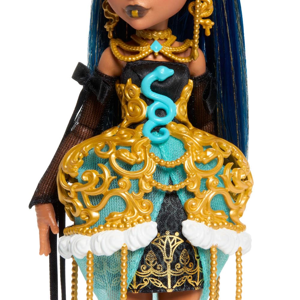 Monster High Altın rengi parti elbisesi giyen Cleo De Nile bebek ve davetiye, balon, hediye ve ruj g