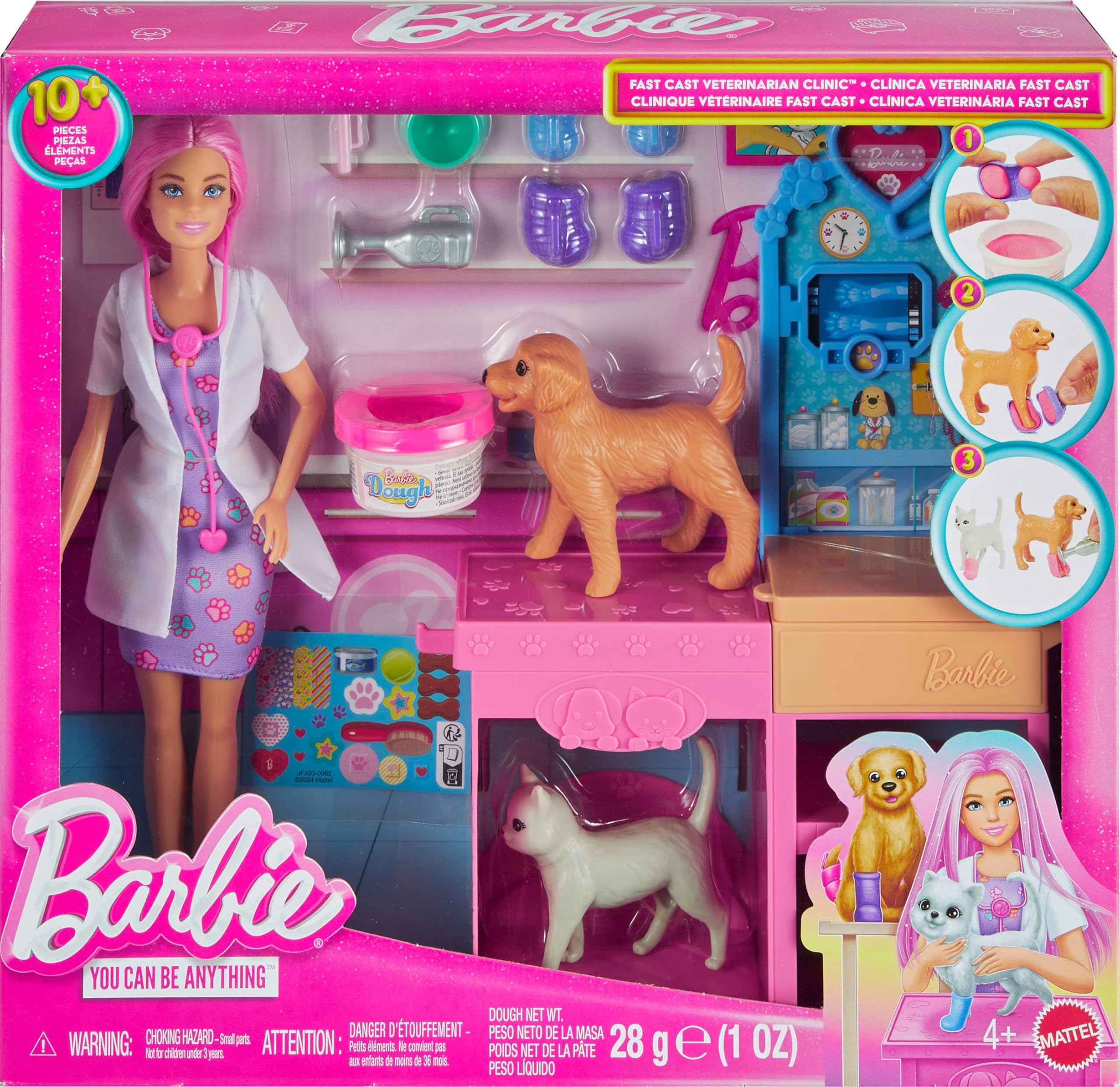 Barbie'nin Veteriner Kliniği oyun seti, pembe saçlı bebek, veteriner eşyaları ve alçıyla bandaj hazırlama hamuru dahil 10'dan fazla aksesuar, JFX93