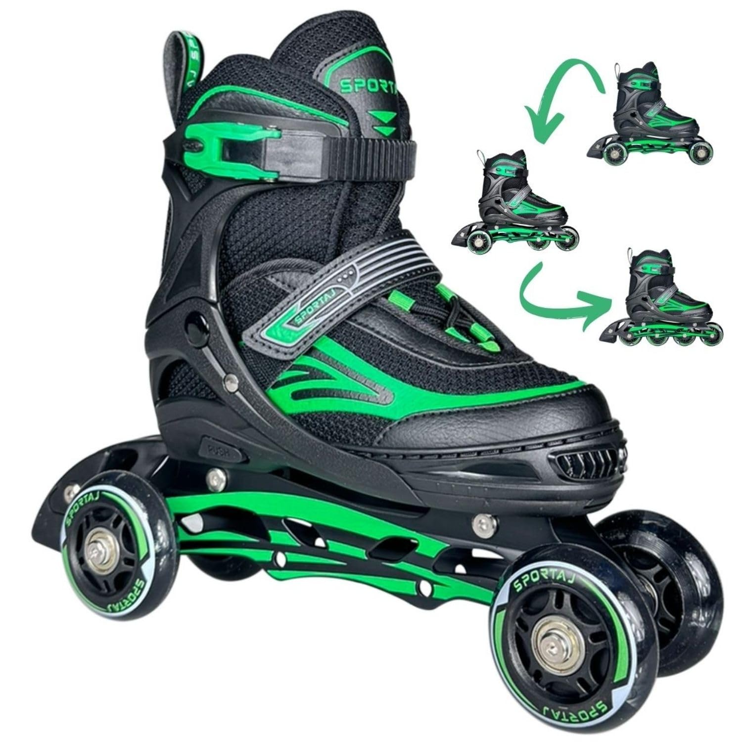 Sportaj Paten Premium TAJ-J1 Pro Paten Beyaz Led Işıklı Silikon Teker 3 in 1 Inline Çocuk Yetişkin Paten (Yeşil, 39-42)