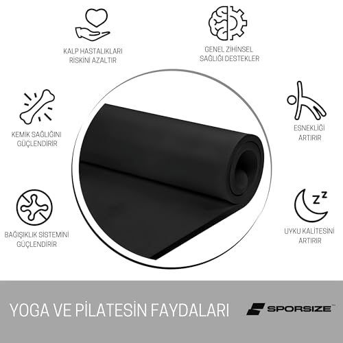 Sporsize Pilates & Yoga Matı 10 mm Kalınlık – Kaymaz NBR Köpük, Ekstra Konforlu Minder, Taşıma Askısı Dahil – 183×61 cm Siyah