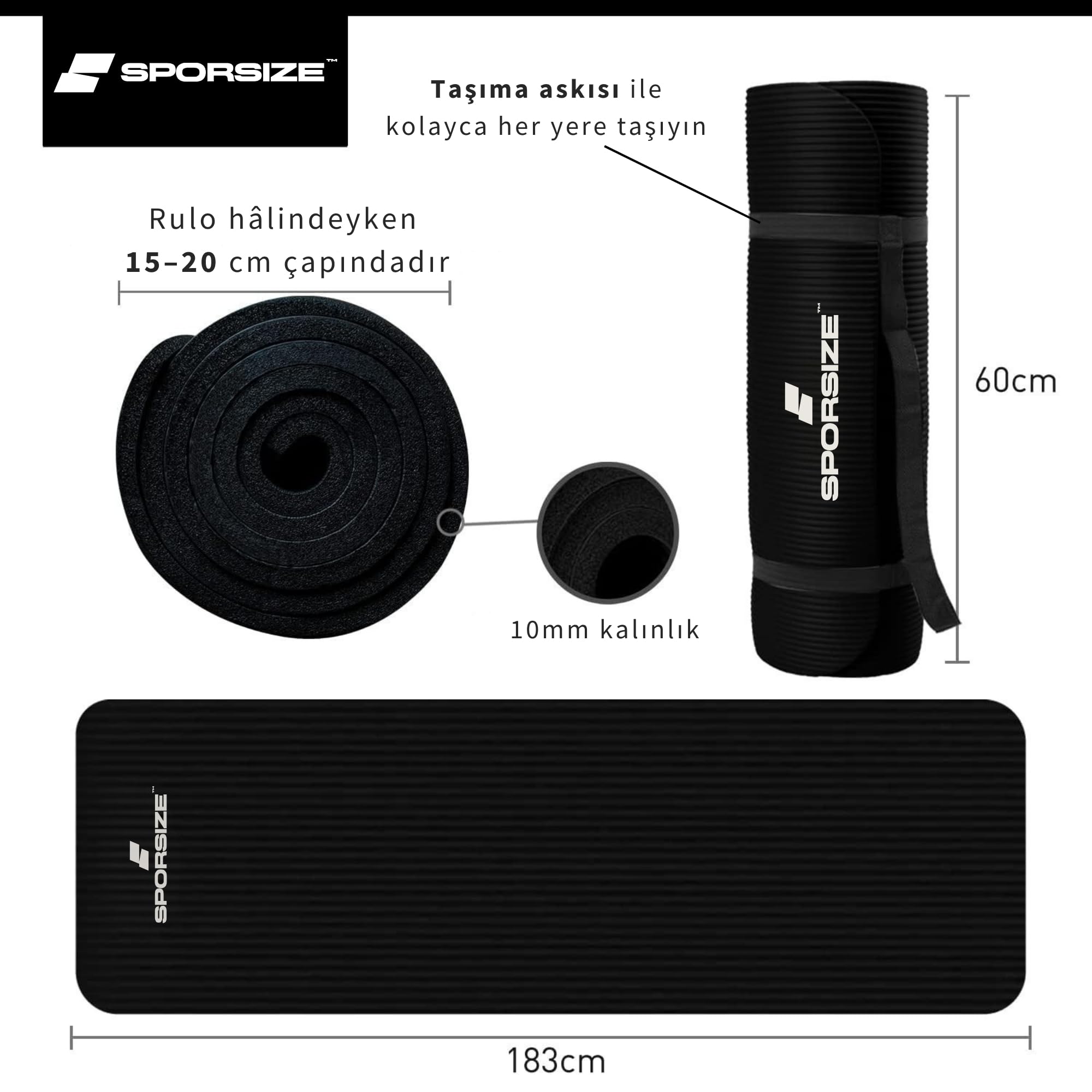 Sporsize Pilates & Yoga Matı 10 mm Kalınlık – Kaymaz NBR Köpük, Ekstra Konforlu Minder, Taşıma Askısı Dahil – 183×61 cm Siyah