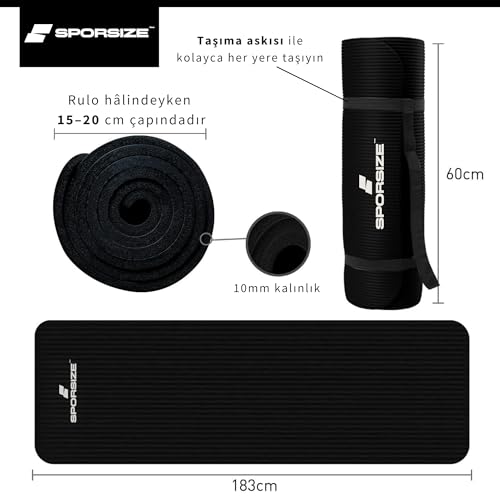 Sporsize Pilates & Yoga Matı 10 mm Kalınlık – Kaymaz NBR Köpük, Ekstra Konforlu Minder, Taşıma Askısı Dahil – 183×61 cm Siyah