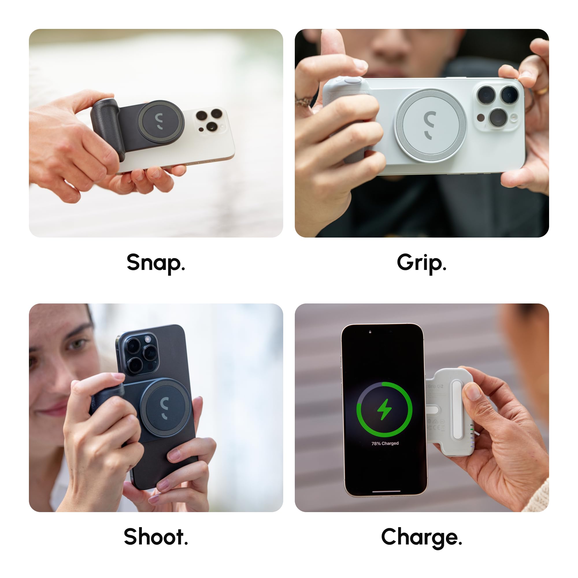 ShiftCam SnapGrip Pro - Qi2 Kablosuz Şarj, Kablosuz Deklanşör Düğmesi ve Manyetik Montajlı Telefon Kamerası Tutacağı ve Manyetik Güç Bankası, Tüm Telefonlar için, Masaüstü Yuvası - Gece Yarısı
