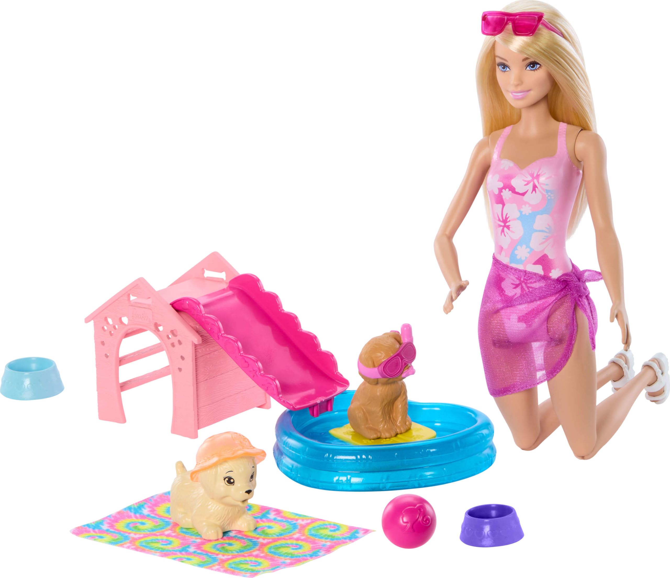 Barbie Köpekçikle Havuz Partisi oyun seti, kaydıraklı köpek kulübesi, kalp şeklinde havuz, 2 köpek figürü ve 6 aksesuarla renk değişimi özellikli, JBF35