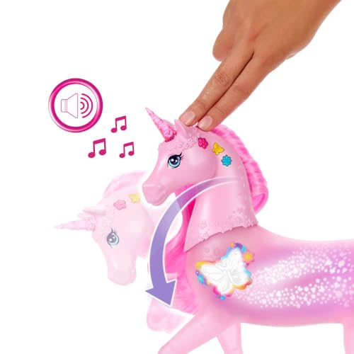 Barbie Işıltılı Tek Boynuzlu At oyuncağı, Düğmelerine basınca ve başını sevince etkinleşen 20 interaktif ışık, ses ve müzik kombinasyonu bulunan, JCP78