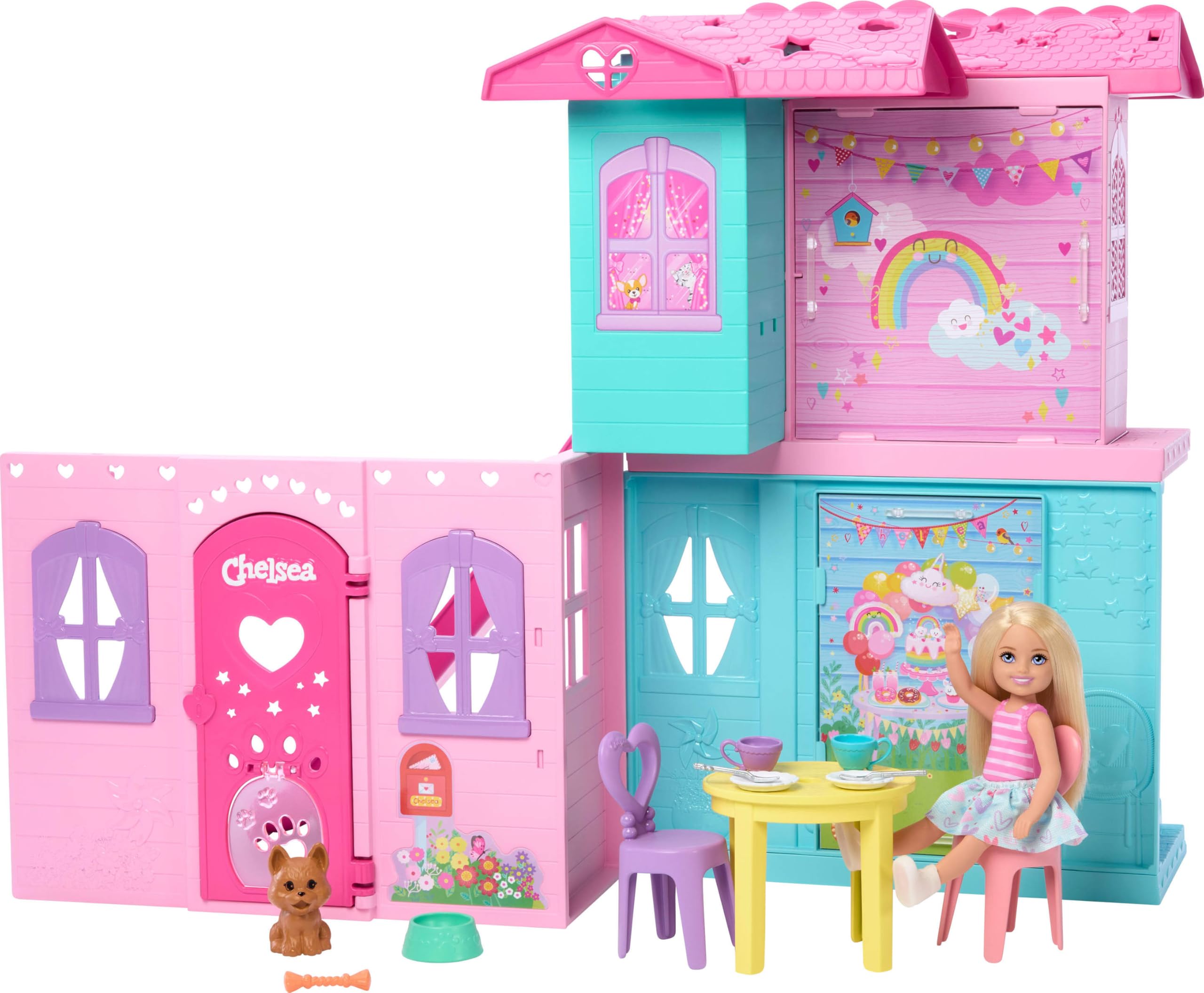 Barbie Chelsea oyuncak bebek evi, 15'ten fazla aksesuar içeren +43 x +33 cm'e kadar genişleyebilen açılır ev, 5 oyun alanı ve kaydırak, küçük bebek ve köpek figürü, JFW49