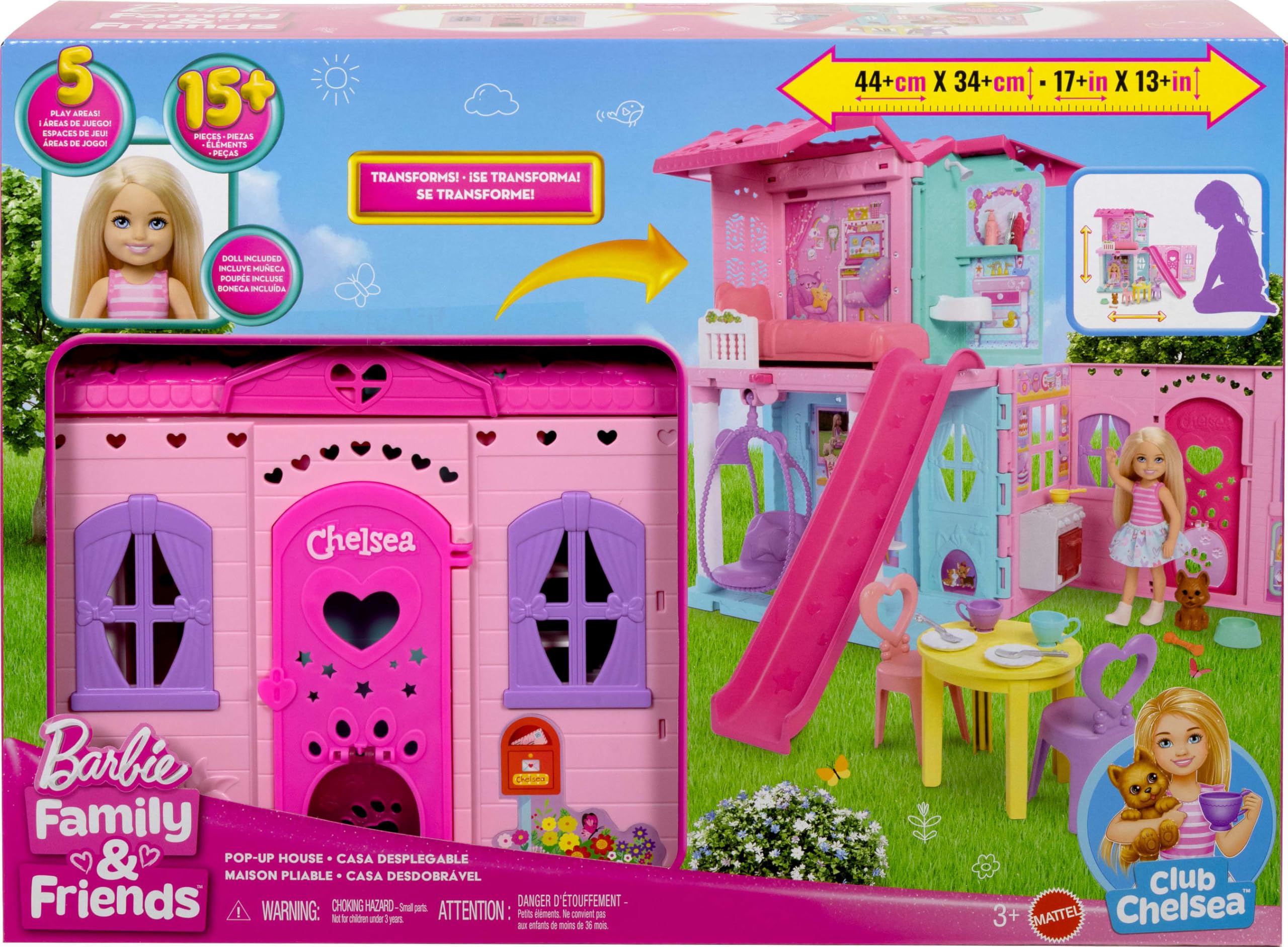 Barbie Chelsea oyuncak bebek evi, 15'ten fazla aksesuar içeren +43 x +33 cm'e kadar genişleyebilen açılır ev, 5 oyun alanı ve kaydırak, küçük bebek ve köpek figürü, JFW49