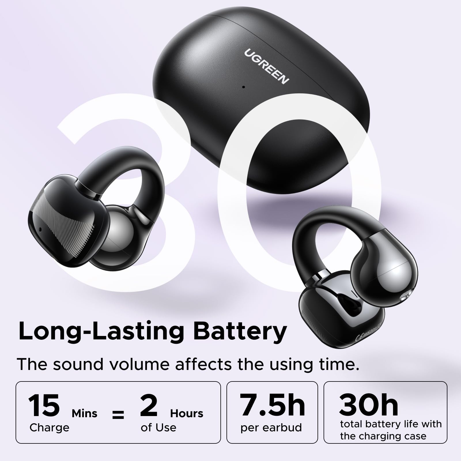 UGREEN HiTune S3 kablosuz kulaklık, Bluetooth 5.4, açık spor kulaklık, klipsli ve gürültü önleyici ENC, 30 saat çalma, hızlı şarj, USB-C, Hi-Fi, IPX5 su geçirmez, siyah