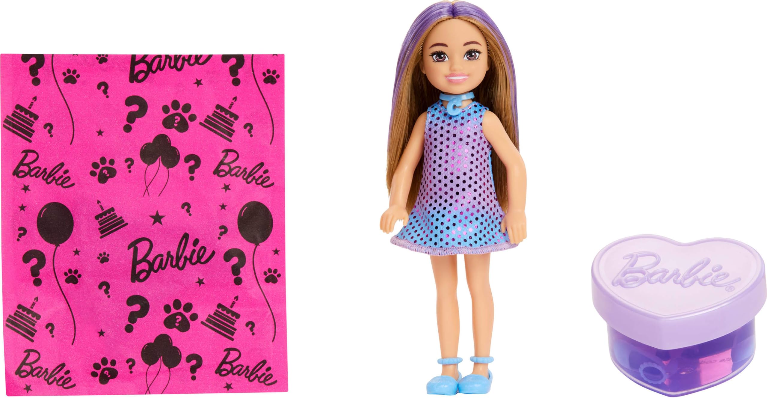 Barbie Party Unboxed Chelsea oyuncak bebek seti, Glam Party serisi 6 sürpriz, evcil hayvan ve renk d