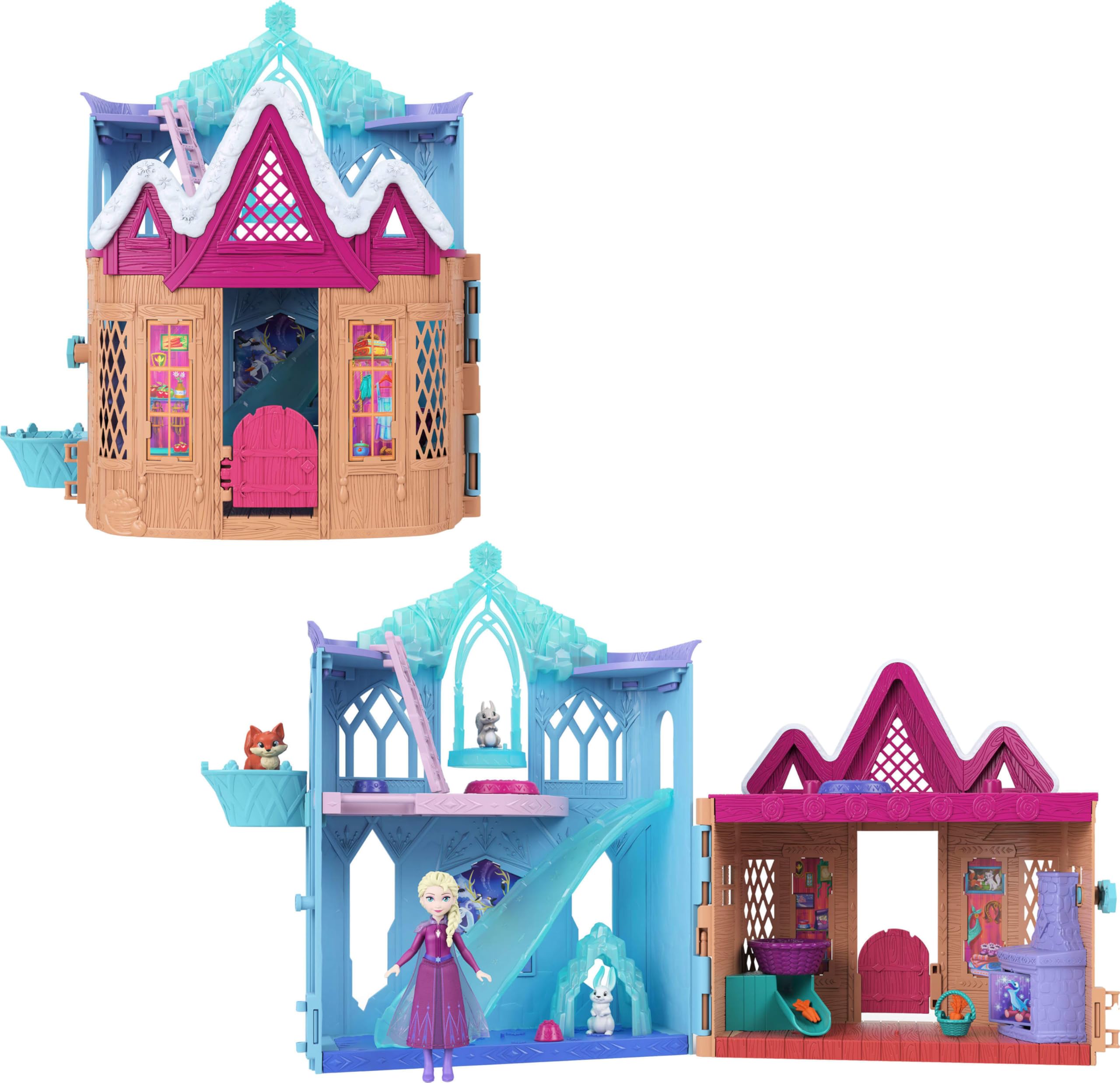 Mattel Disney Karlar Ülkesi minik Elsa bebek oyun seti ve 10 oyun alanı, 3 hayvan dost, 8 aksesuar,