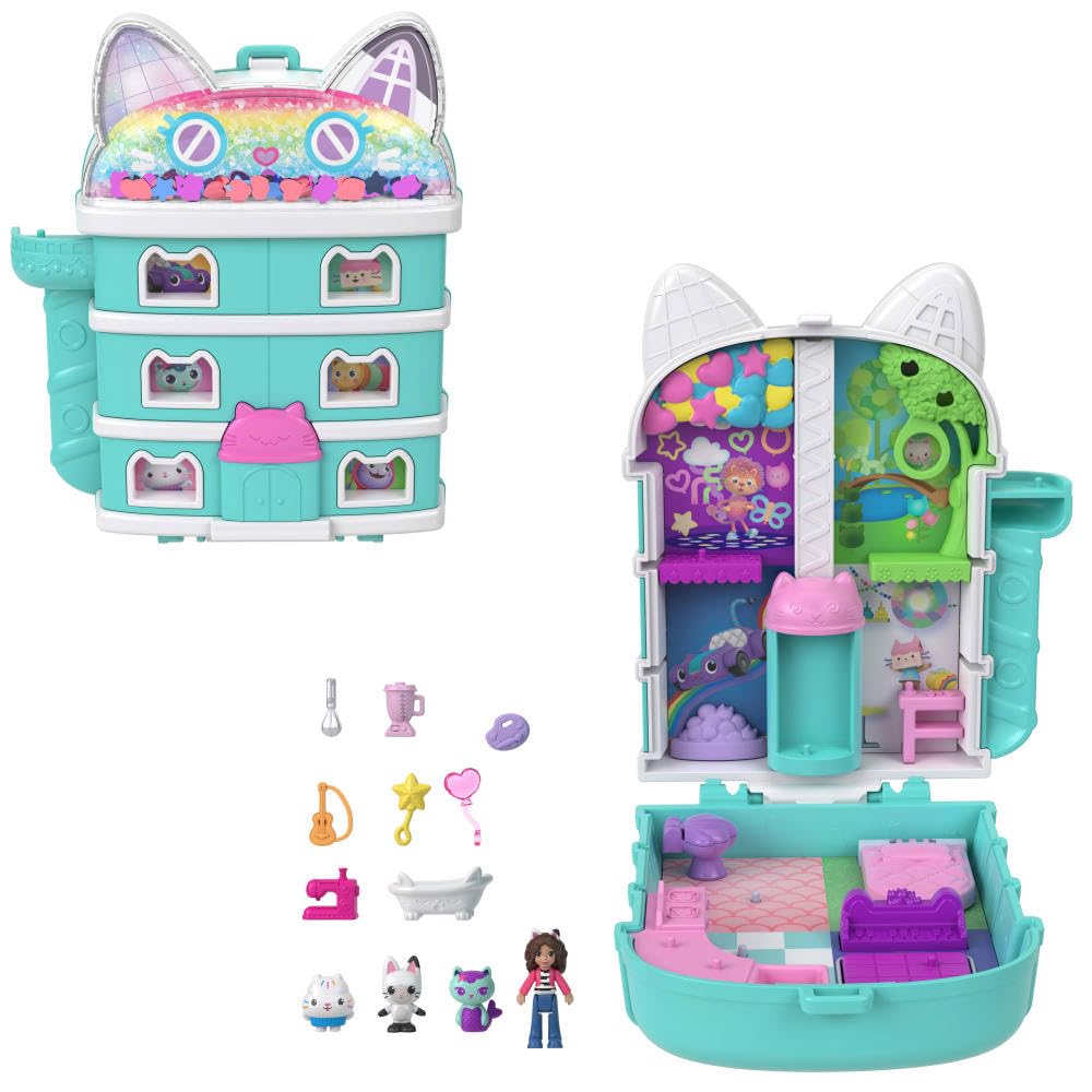 Polly Pocket ve Gabby's Dollhouse mikro bebekler ve mini oyun seti, temalı 9 aksesuar ve dostlar Pandy Paws, Cakey ve MerCat, JFV02