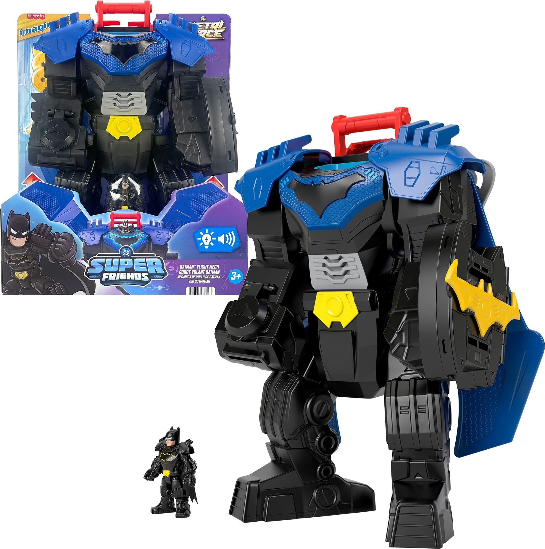 Fisher-Price Işıklı, sesli ve hareketli Imaginext DC Super Friends Batman Uçuş Aracı, 7,5 cm'lik aksiyon figürü, fırlatıcı ve disklerle 36,5 cm'lik oyuncak, JDL03