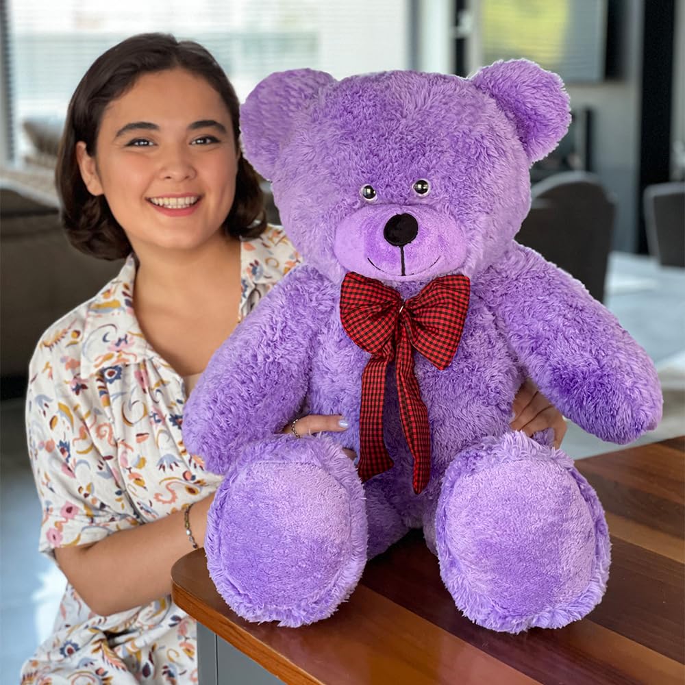 Özgüner Oyuncak 80 cm Dev Pelüş Ayı, Papyonlu ve Sevimli Büyük Boy Ayıcık, Yumuşak Sarılmalık Peluş, Sevgiliye Hediye (Lila)