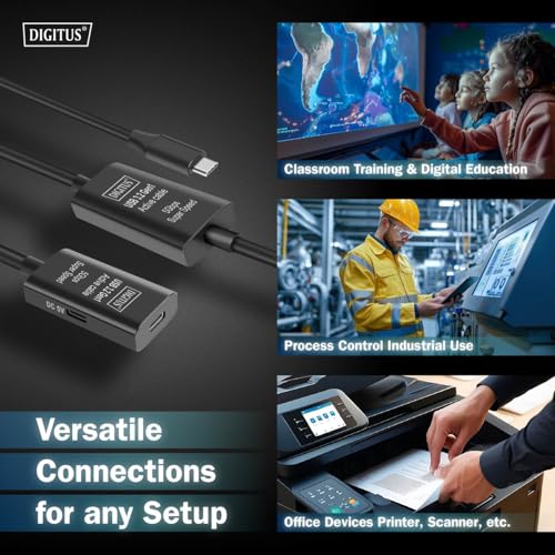 DIGITUS Aktif USB 3.2 Gen 1 Uzatma Kablosu – 10 m – USB-C Fiş Soket – Tekrarlayıcı USB Kablosu Tak v