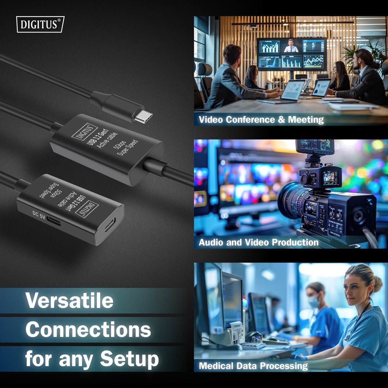 DIGITUS Aktif USB 3.2 Gen 1 Uzatma Kablosu – 10 m – USB-C Fiş Soket – Tekrarlayıcı USB Kablosu Tak v