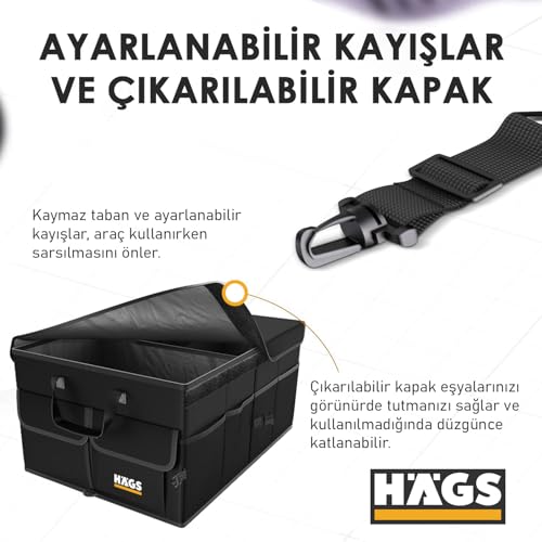 Haegs Araba Bagaj Çantası, Araç içi Düzenleyici Organizer, Katlanabilir Oto Bagaj Düzenleyici, Oto Aksesuarları, Sağlam Araba Alet Eşya Düzenleyici - 50 Lt- Gri