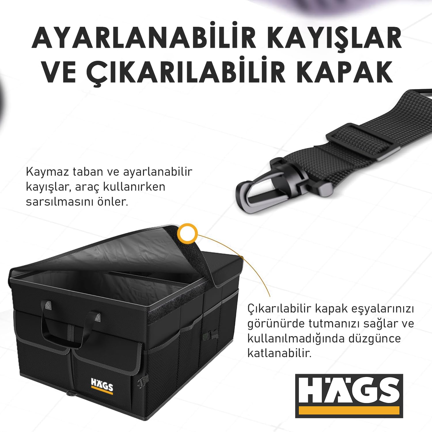 Haegs Araba Bagaj Çantası, Araç içi Düzenleyici Organizer, Katlanabilir Oto Bagaj Düzenleyici, Oto Aksesuarları, Sağlam Araba Alet Eşya Düzenleyici - 50 Lt- Gri